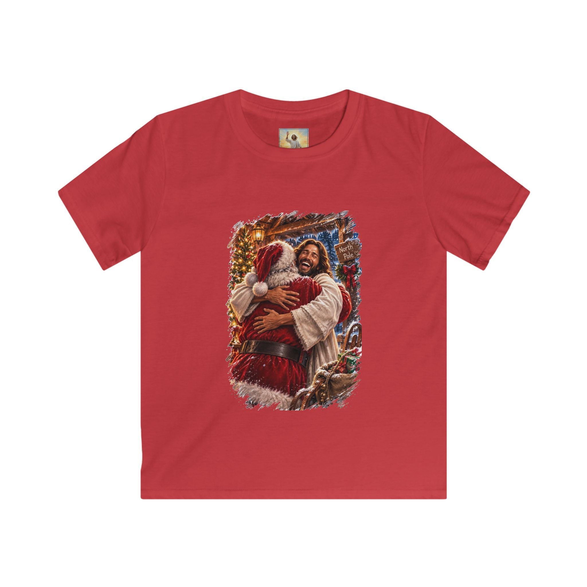 Kids Jesus Hugging Santa Shirt | Funny Christian Christmas Kids T Shirt | Joyful Jesus