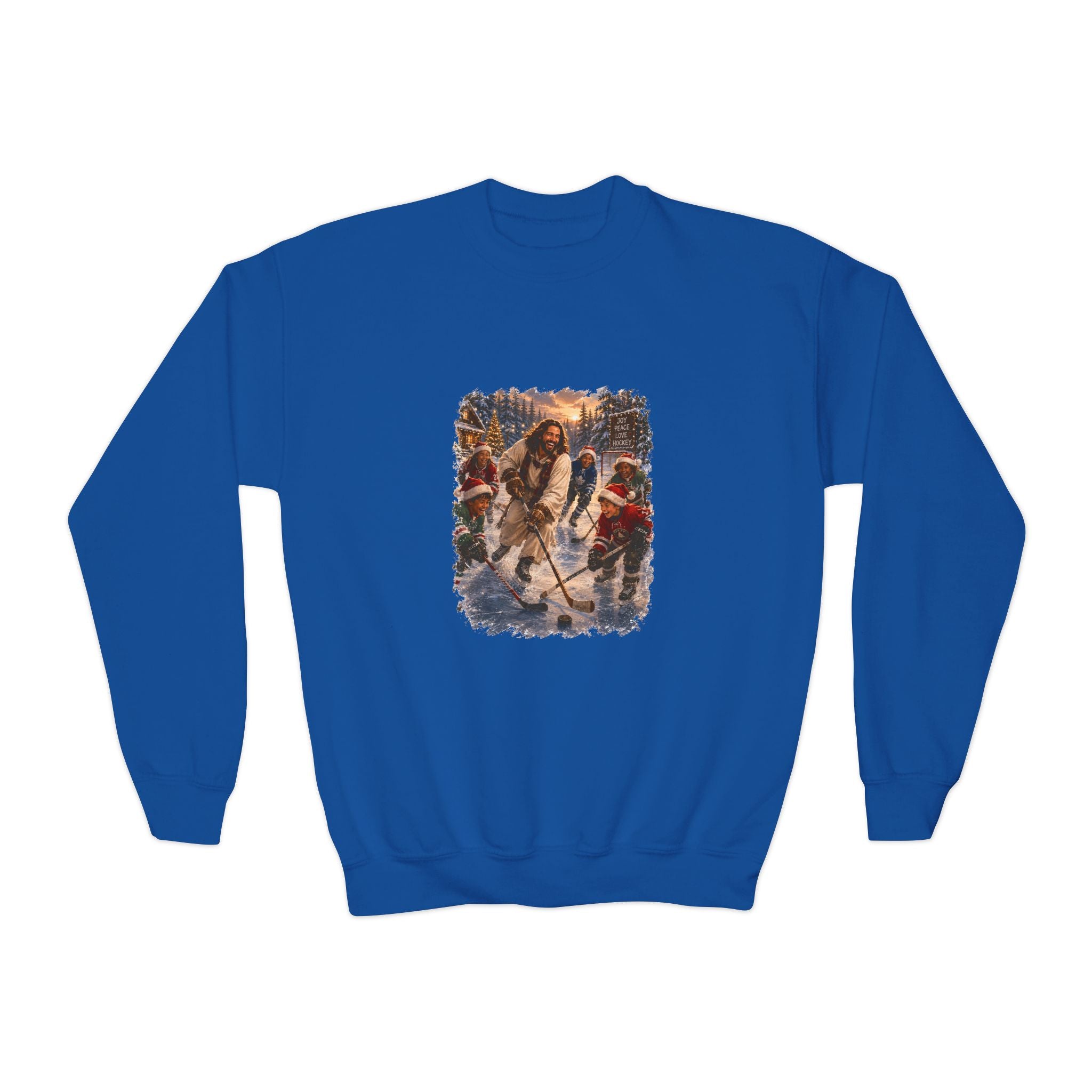 Kids Jesus Hockey Sweatshirt | Jesus Playing Hockey with Kids Christian Christmas Kids Crewneck Sweatshirt | Joyful Jesus