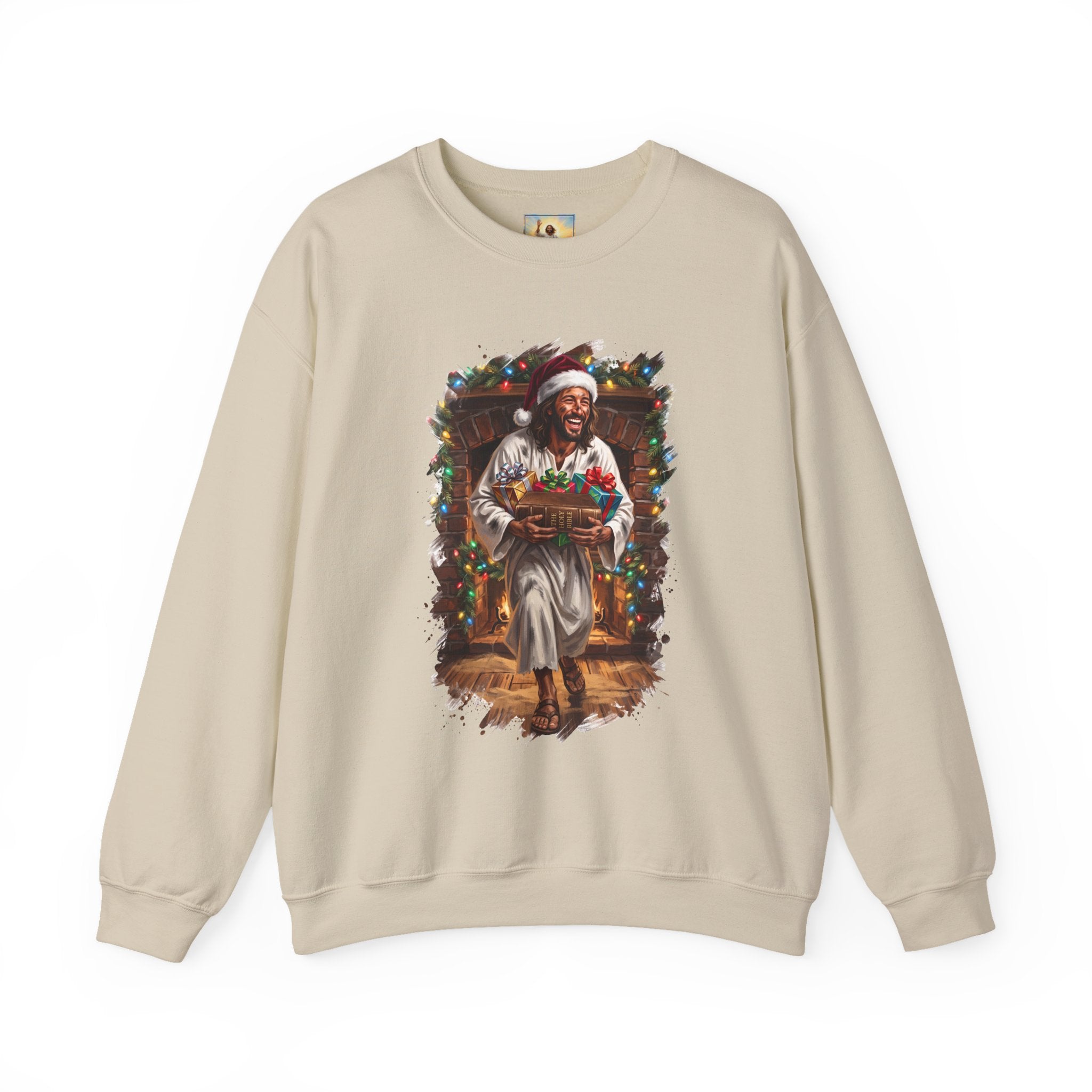 Jesus Santa Hat Sweatshirt | Jesus Down the Chimney with Gifts Funny Christmas Crewneck | Joyful Jesus