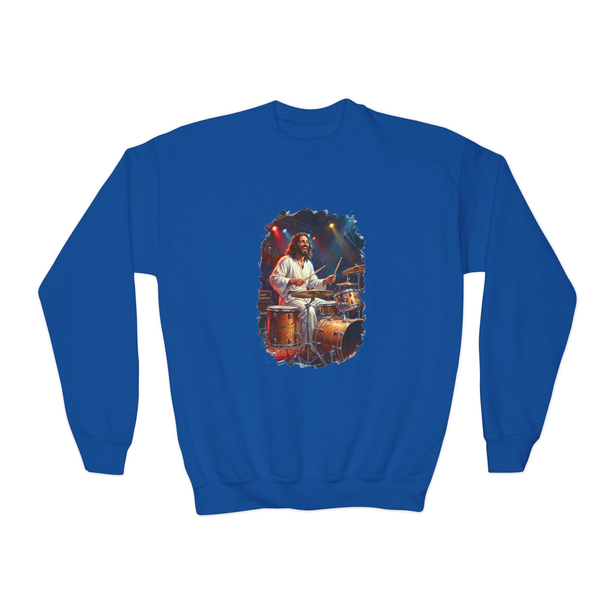 Kids God Sweatshirt | Jesus Playing Drums at Concert Christian Kids Crewneck Sweatshirt | Joyful Jesus