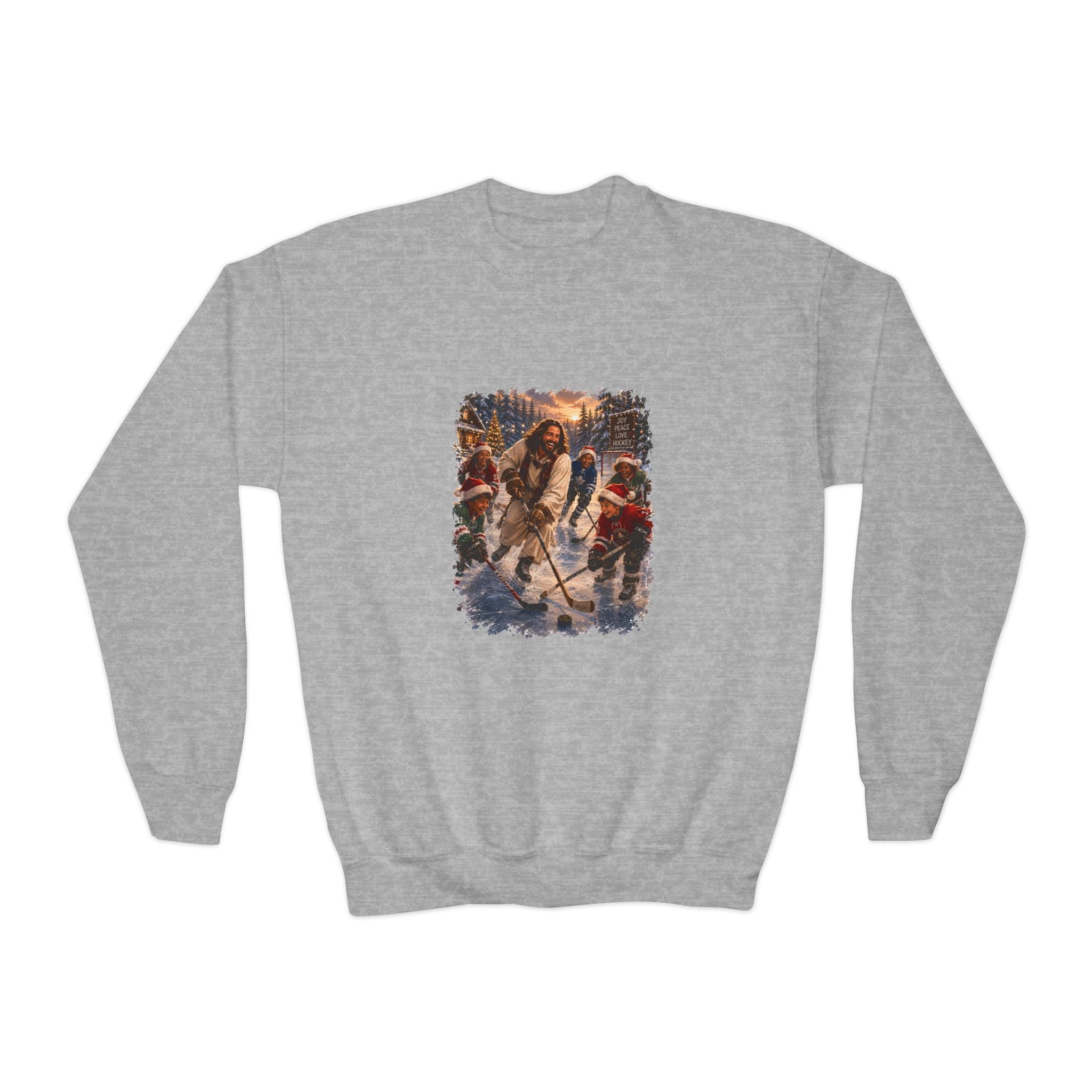 Kids Jesus Hockey Sweatshirt | Jesus Playing Hockey with Kids Christian Christmas Kids Crewneck Sweatshirt | Joyful Jesus