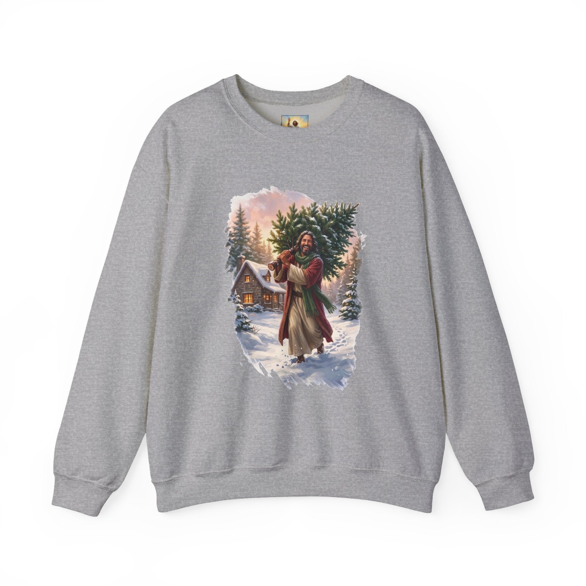 Jesus Christmas Tree Sweatshirt | Jesus Carrying a Christmas Tree Christian Crewneck | Joyful Jesus