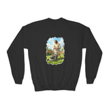 Kids Jesus Sweatshirt | Jesus Mowing the Lawn Funny Kids Crewneck Sweatshirt | Joyful Jesus