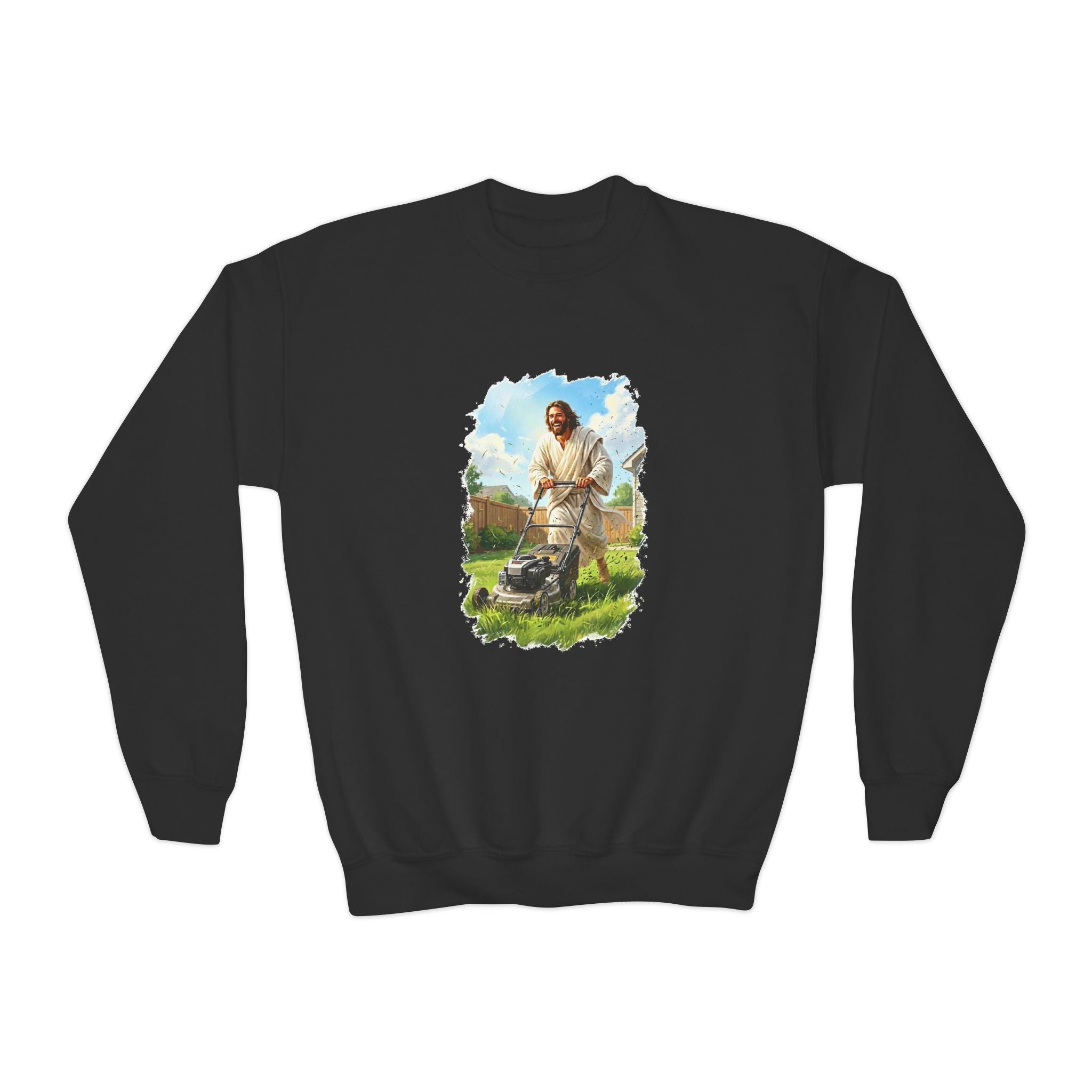 Kids Jesus Sweatshirt | Jesus Mowing the Lawn Funny Kids Crewneck Sweatshirt | Joyful Jesus