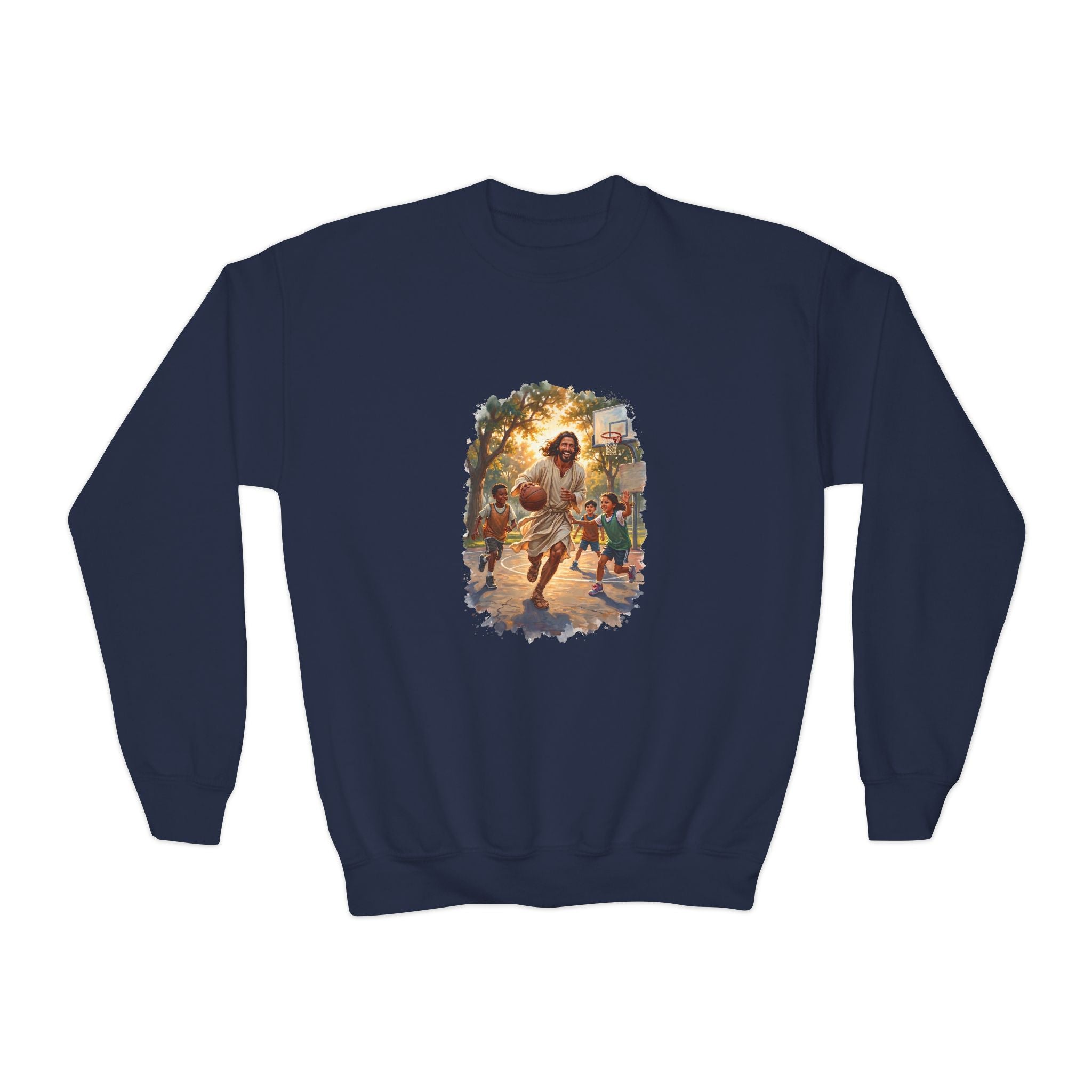 Kids Jesus Basketball Sweatshirt | Jesus Playing Basketball with Kids Christian Kids Crewneck Sweatshirt | Joyful Jesus