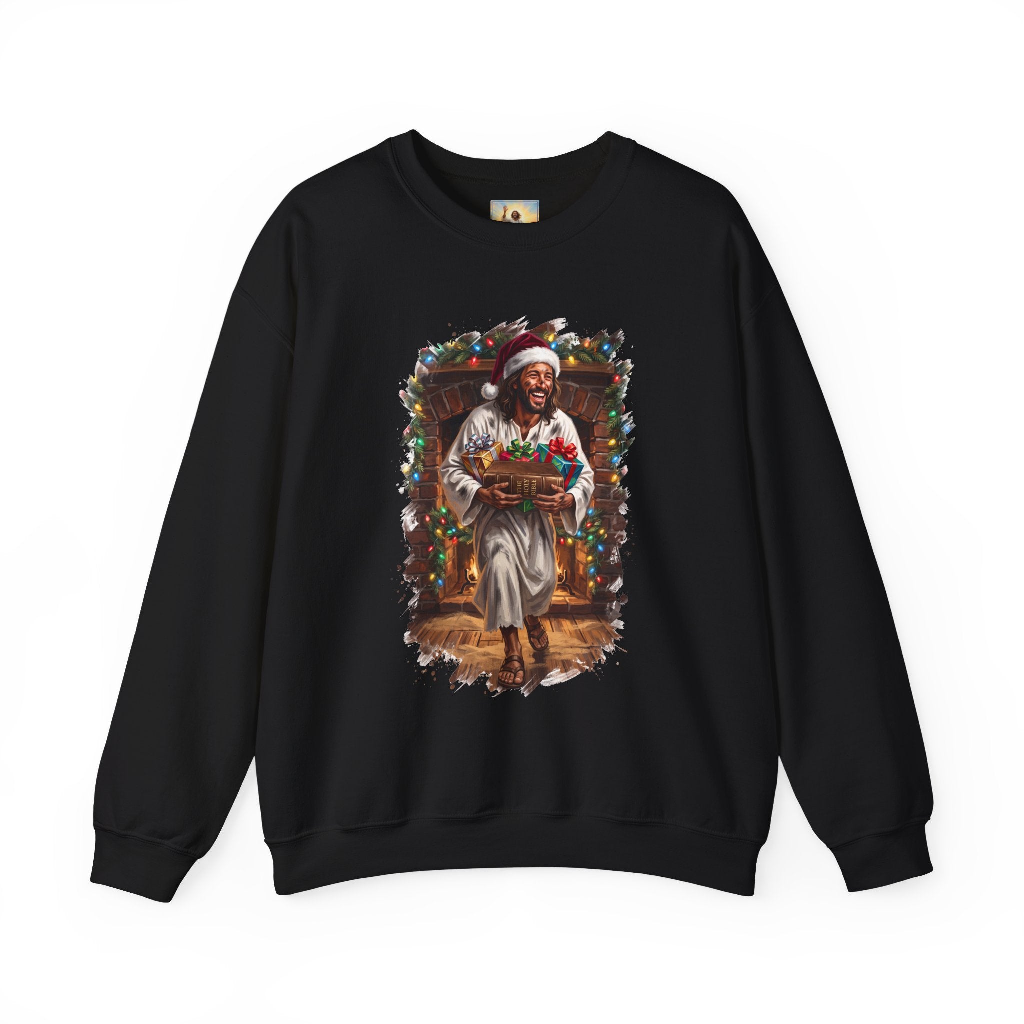 Jesus Santa Hat Sweatshirt | Jesus Down the Chimney with Gifts Funny Christmas Crewneck | Joyful Jesus