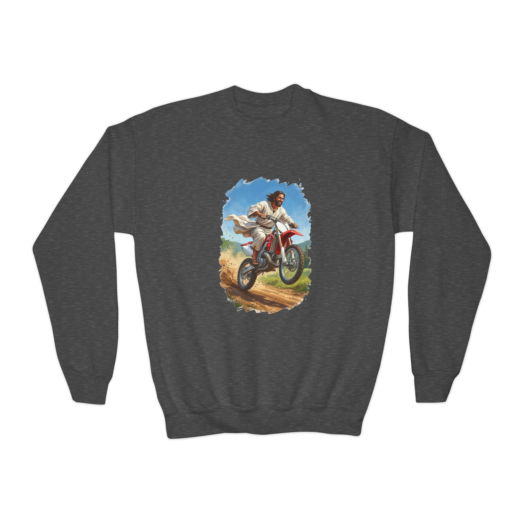 Kids Funny Jesus Sweatshirt | Jesus on a Dirtbike Christian Kids Crewneck Sweatshirt | Joyful Jesus