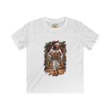 Kids Jesus Santa Hat Shirt | Jesus Down the Chimney with Gifts Funny Christmas Kids T Shirt | Joyful Jesus