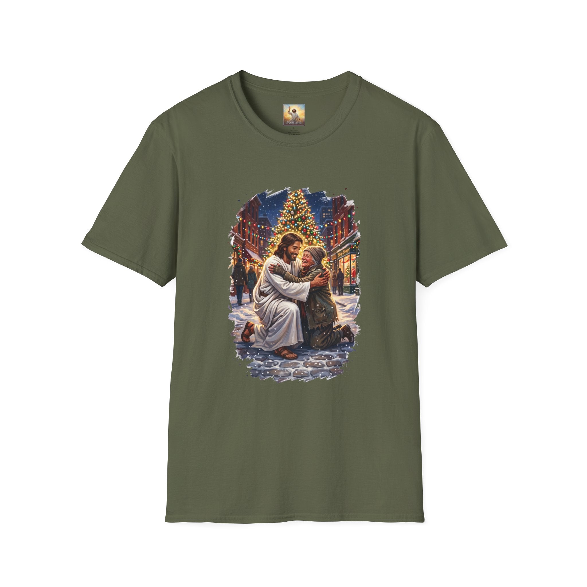 Jesus Hug Shirt | Jesus Embracing a Stranger on Christmas Night Christian Tee | Joyful Jesus