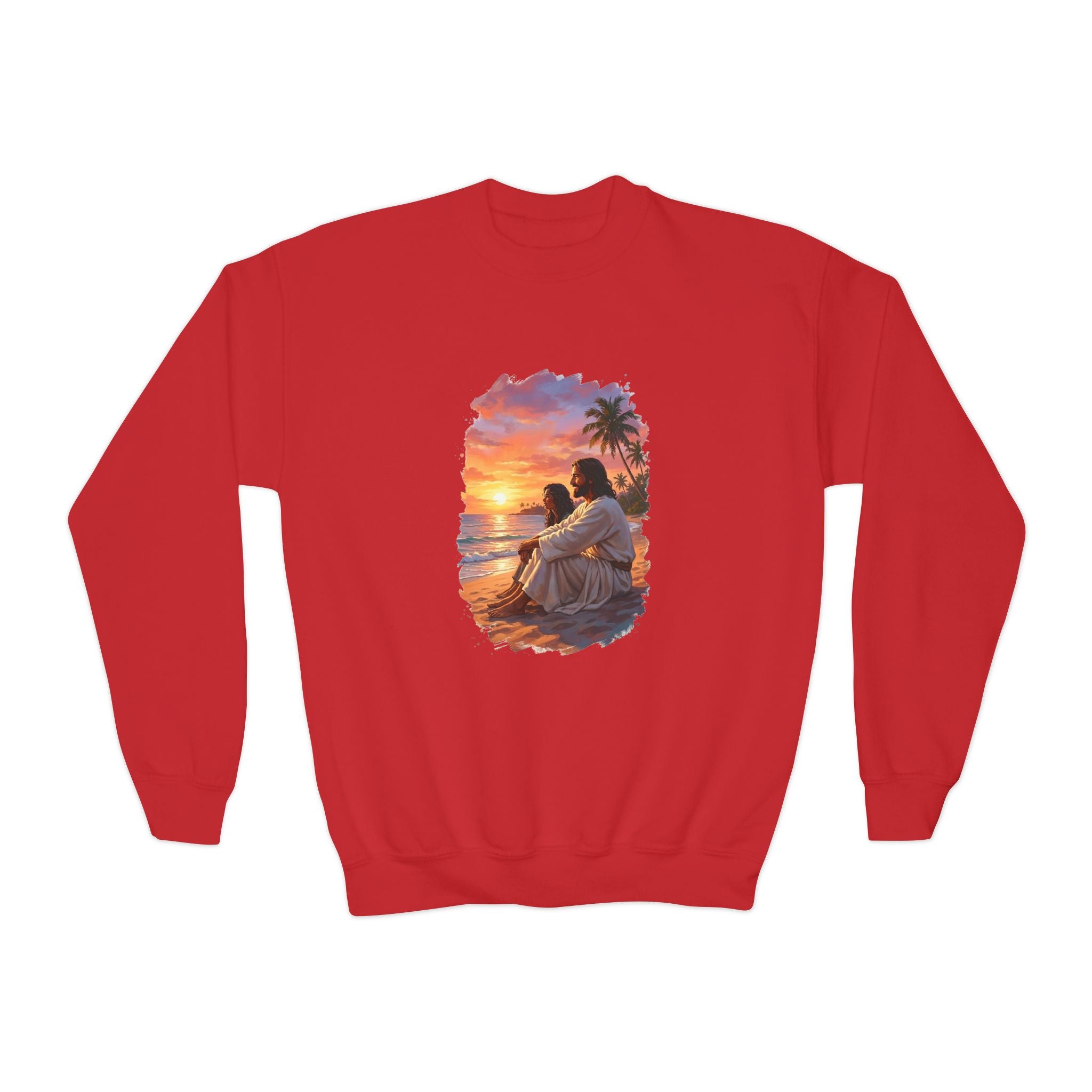 Kids Religious Sweatshirt | Jesus on the Beach at Sunset Christian Kids Crewneck Sweatshirt | Joyful Jesus