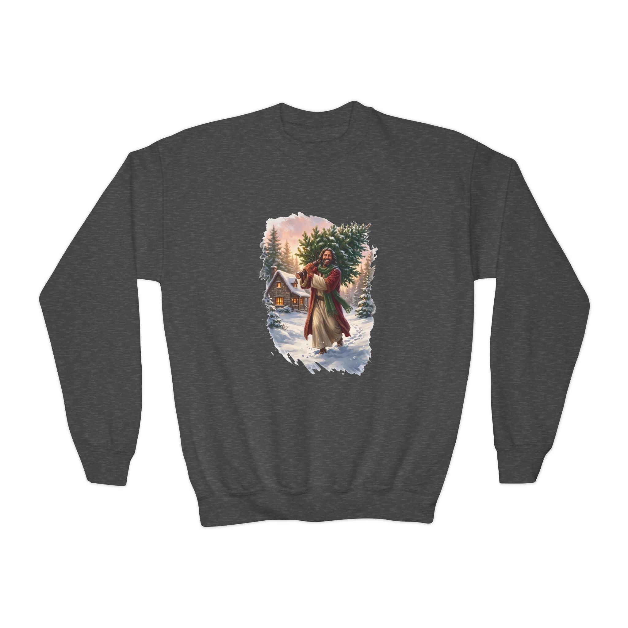 Kids Jesus Christmas Tree Sweatshirt | Jesus Carrying a Christmas Tree Christian Christmas Kids Crewneck Sweatshirt | Joyful Jesus
