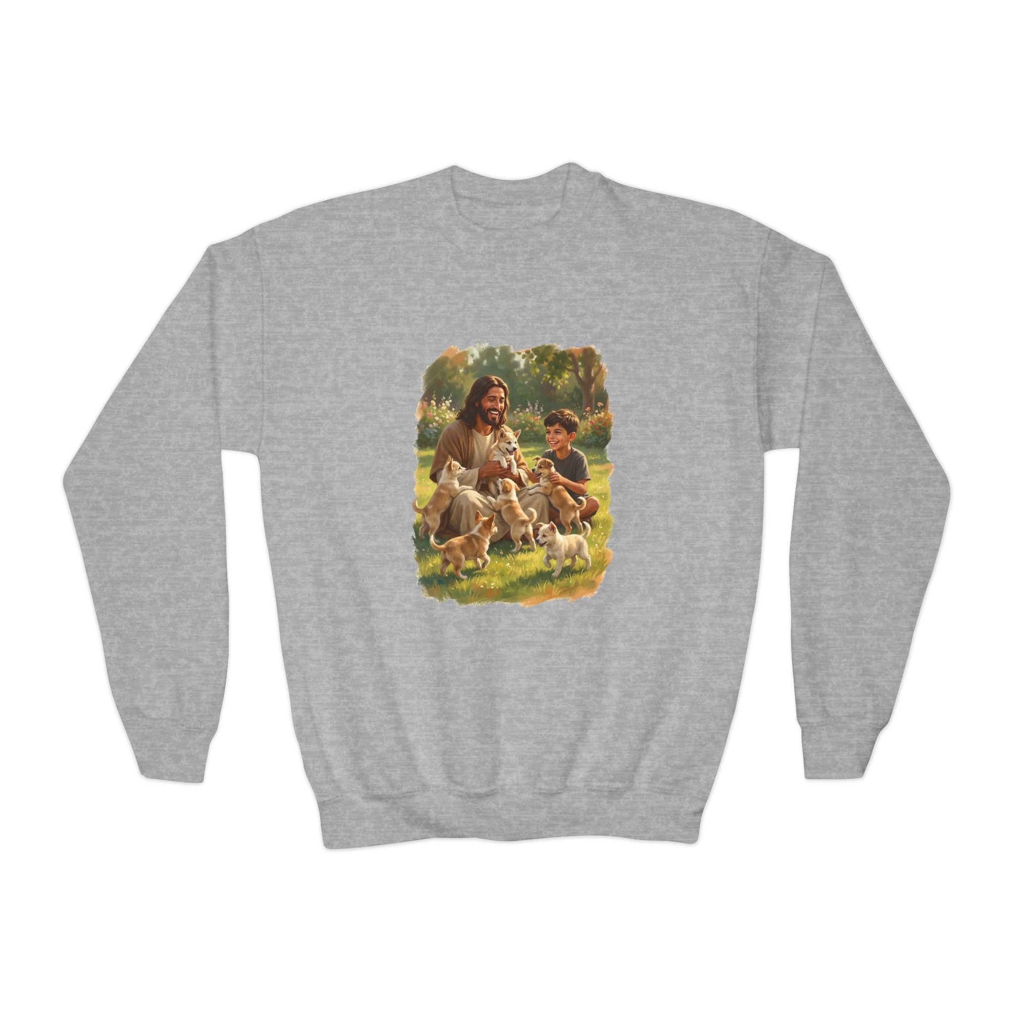 Kids Funny Jesus Sweatshirt | Jesus Playing with Puppies Christian Kids Crewneck Sweatshirt | Joyful Jesus
