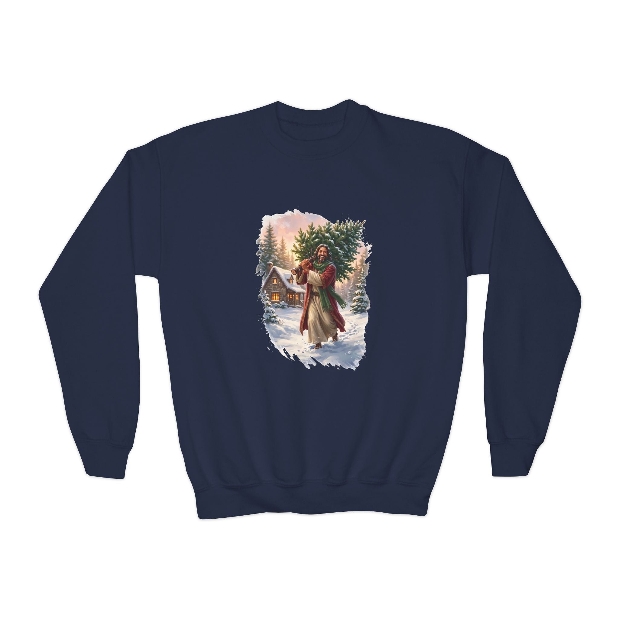 Kids Jesus Christmas Tree Sweatshirt | Jesus Carrying a Christmas Tree Christian Christmas Kids Crewneck Sweatshirt | Joyful Jesus