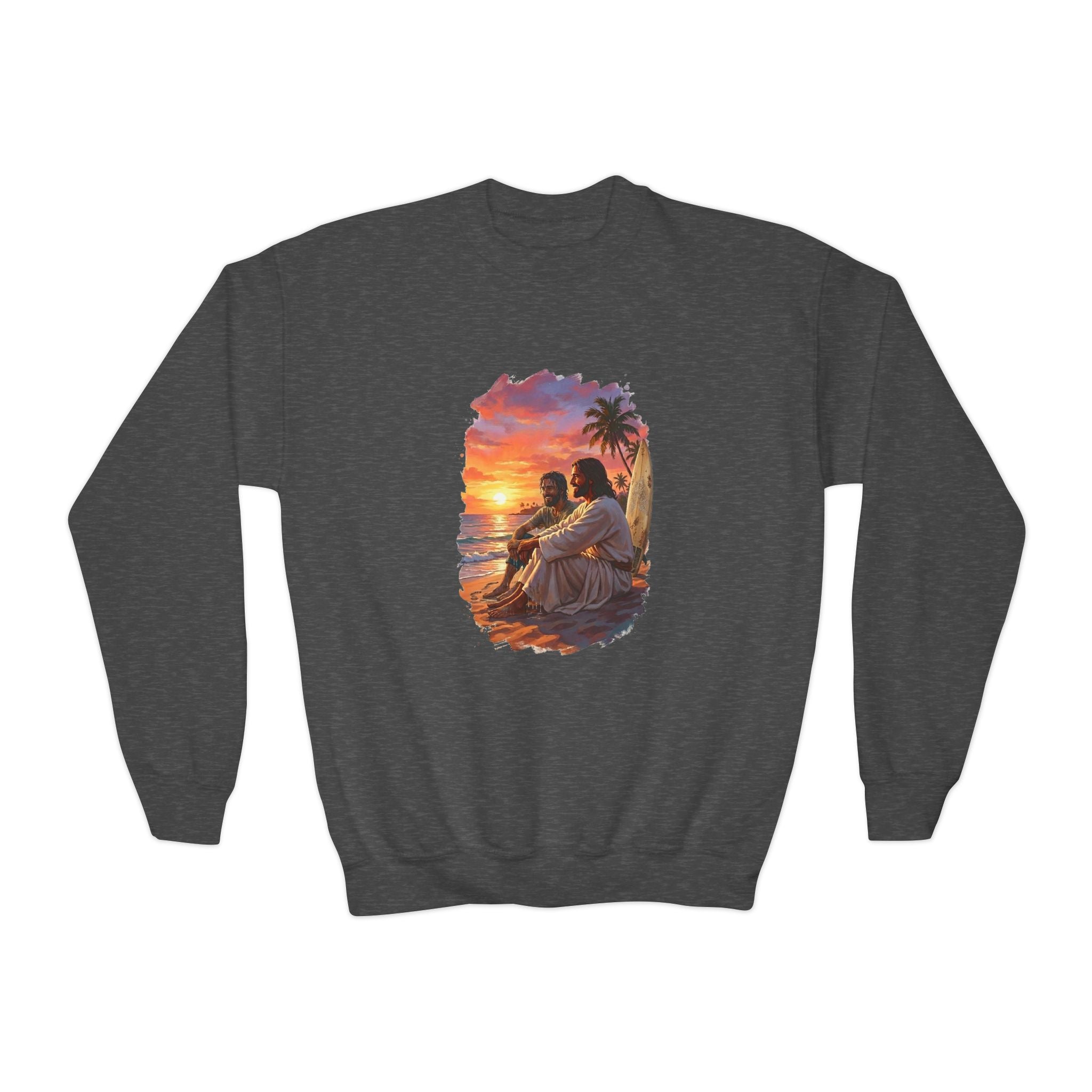 Kids Jesus Sweatshirt | Jesus on the Beach Christian Apparel Kids Crewneck Sweatshirt | Joyful Jesus Faith Sweatshirt