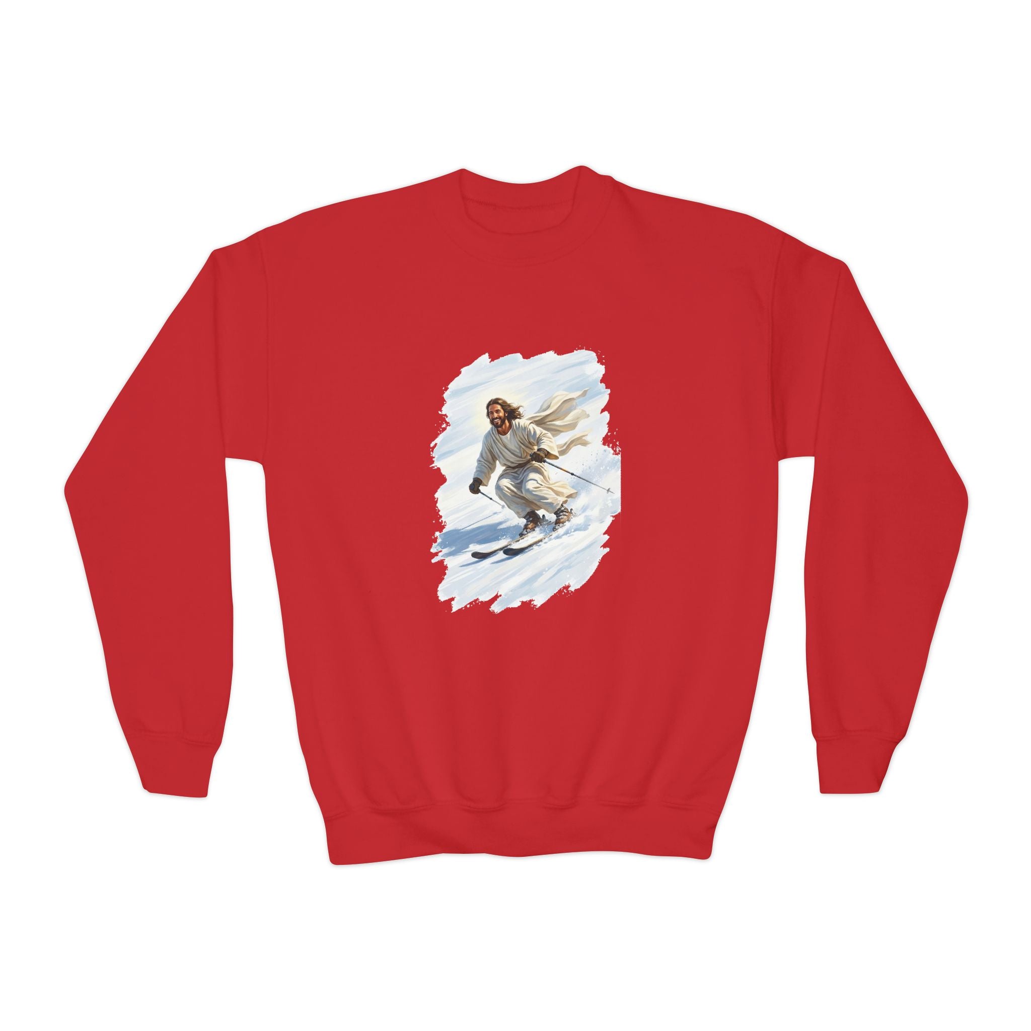 Kids Jesus Sweatshirt | Skiing Jesus Christian Apparel Kids Crewneck Sweatshirt | Joyful Jesus Faith Sweatshirt