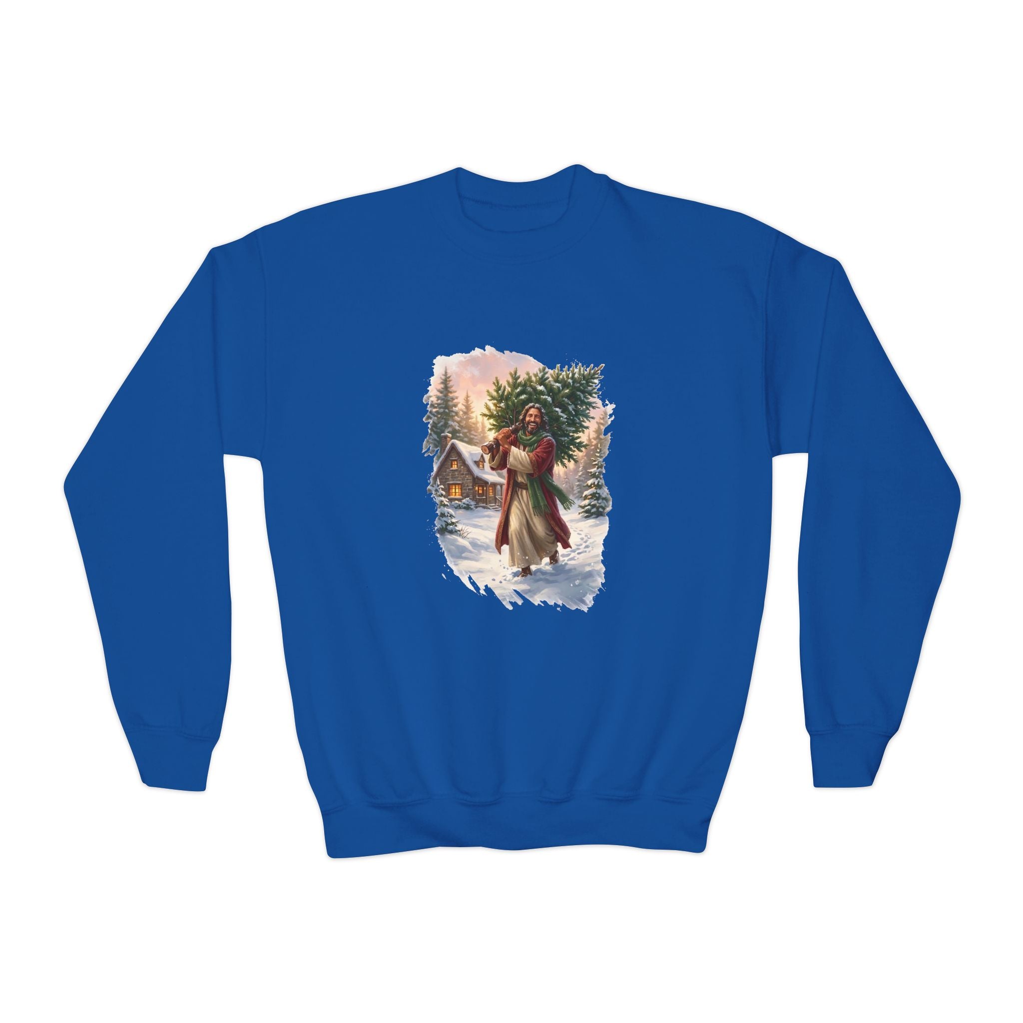 Kids Jesus Christmas Tree Sweatshirt | Jesus Carrying a Christmas Tree Christian Christmas Kids Crewneck Sweatshirt | Joyful Jesus