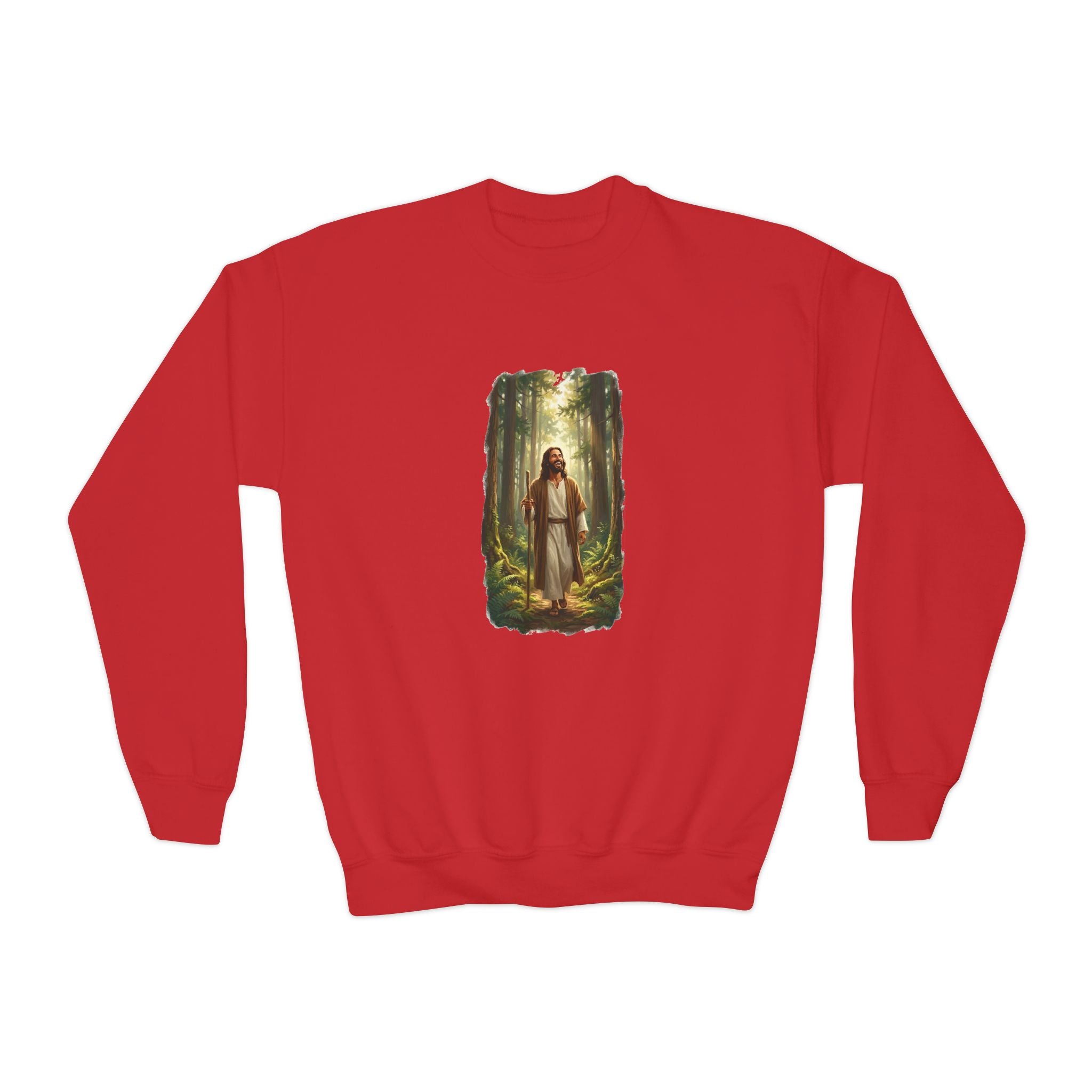 Kids Religious Sweatshirt | Jesus Walking in the Woods Christian Kids Crewneck Sweatshirt | Faith Sweatshirt