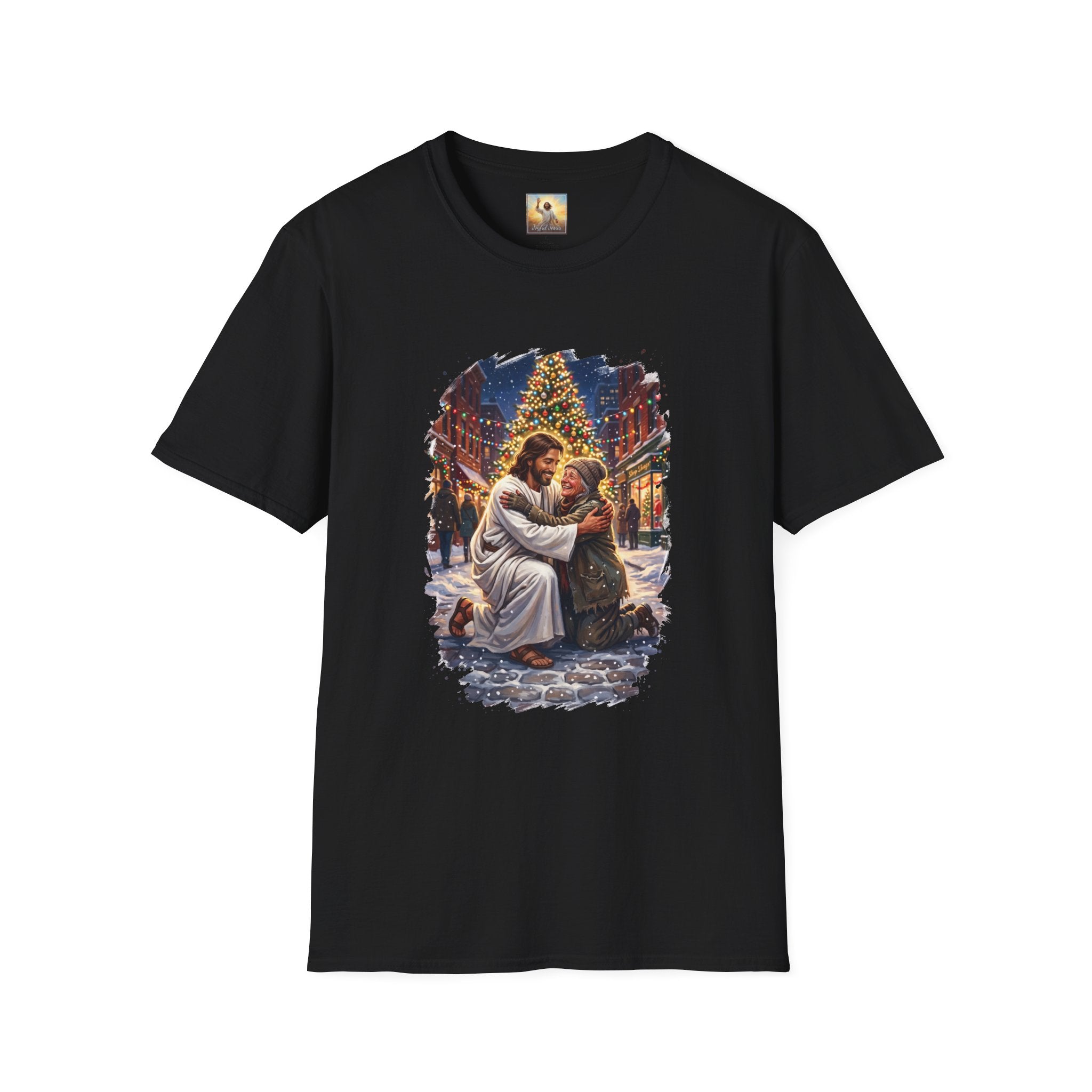Jesus Hug Shirt | Jesus Embracing a Stranger on Christmas Night Christian Tee | Joyful Jesus