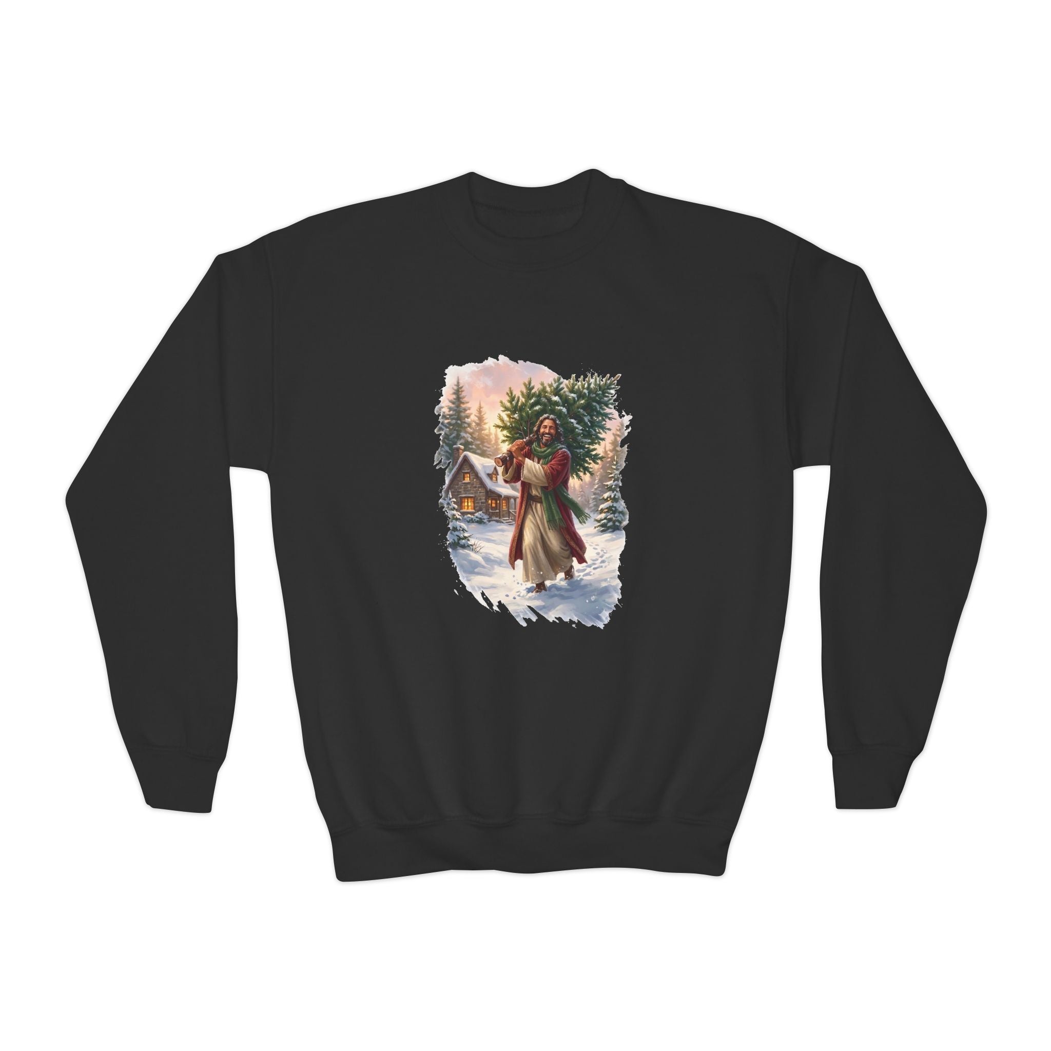 Kids Jesus Christmas Tree Sweatshirt | Jesus Carrying a Christmas Tree Christian Christmas Kids Crewneck Sweatshirt | Joyful Jesus