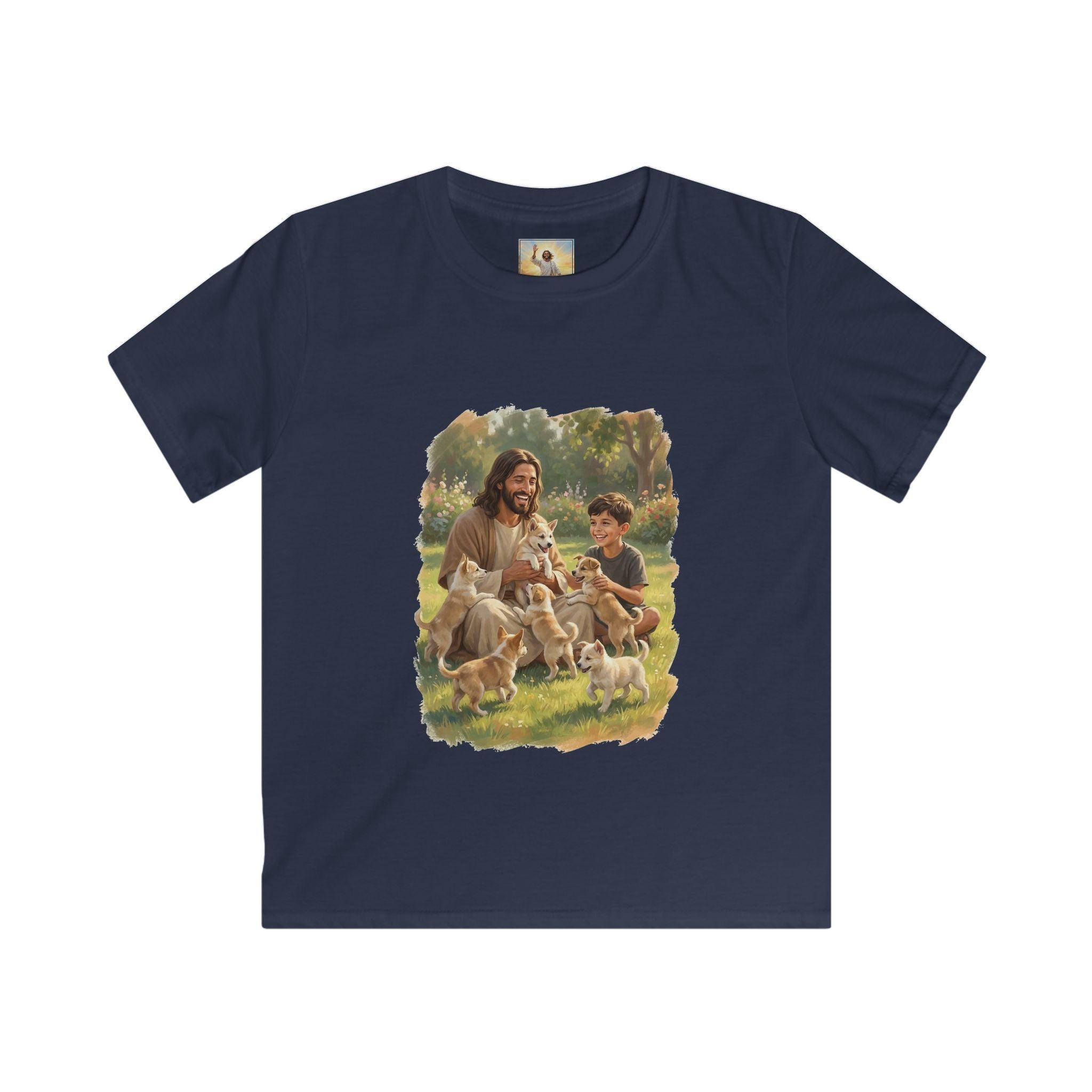 Kids Funny Jesus Shirt | Jesus Playing with Puppies Christian Kids T Shirt | Joyful Jesus
