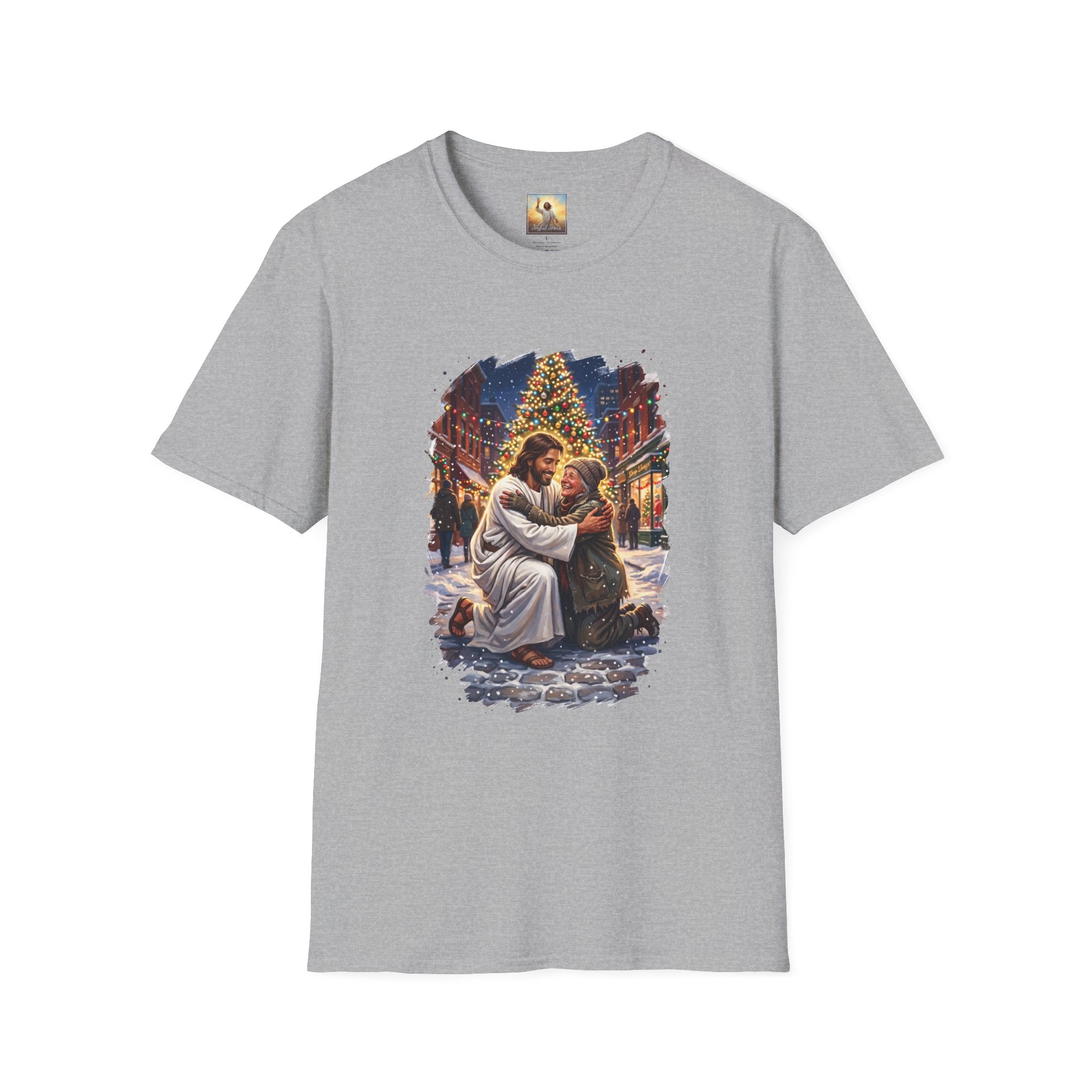 Jesus Hug Shirt | Jesus Embracing a Stranger on Christmas Night Christian Tee | Joyful Jesus