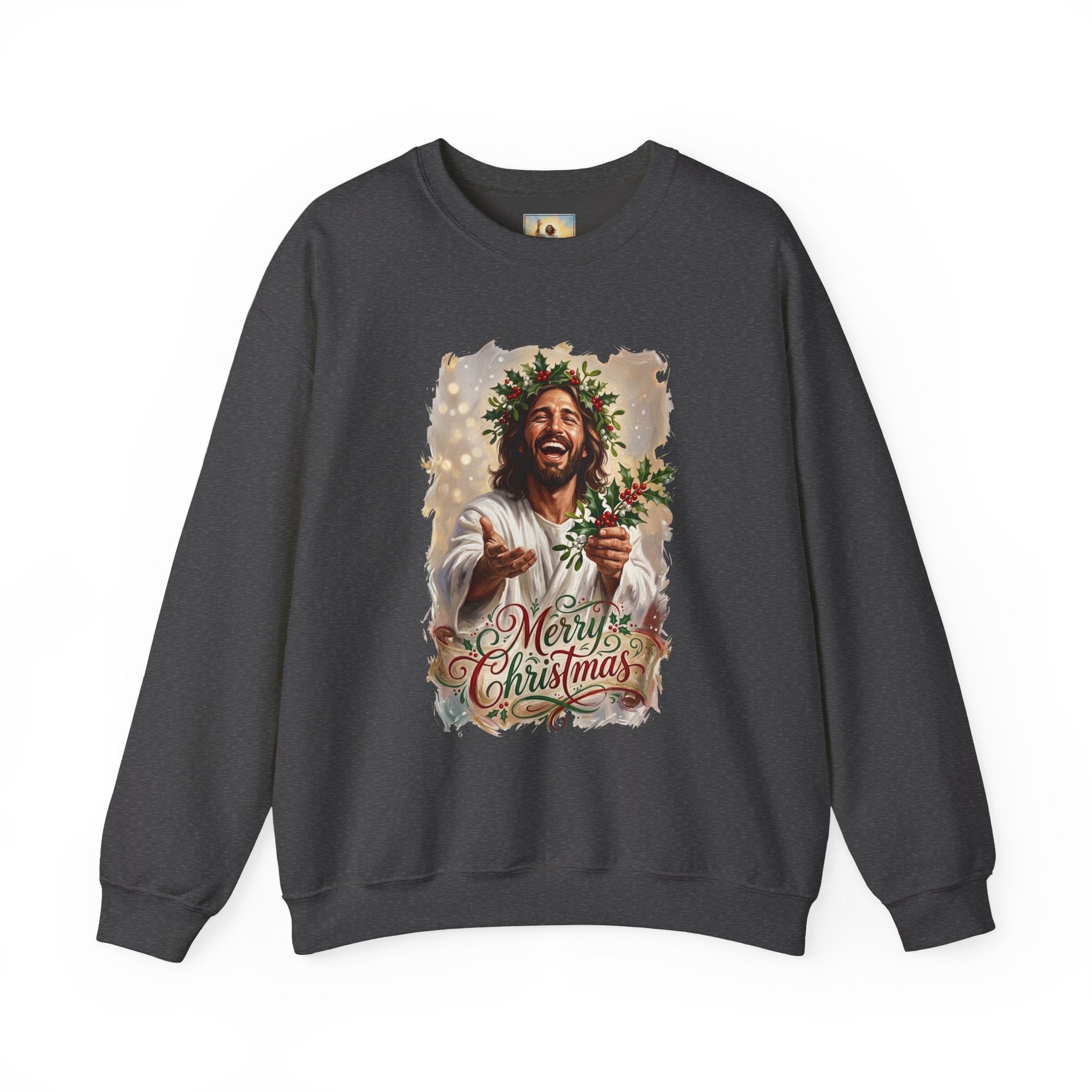 Merry Christmas Jesus Sweatshirt | Laughing Jesus with Holly Christian Crewneck | Joyful Jesus