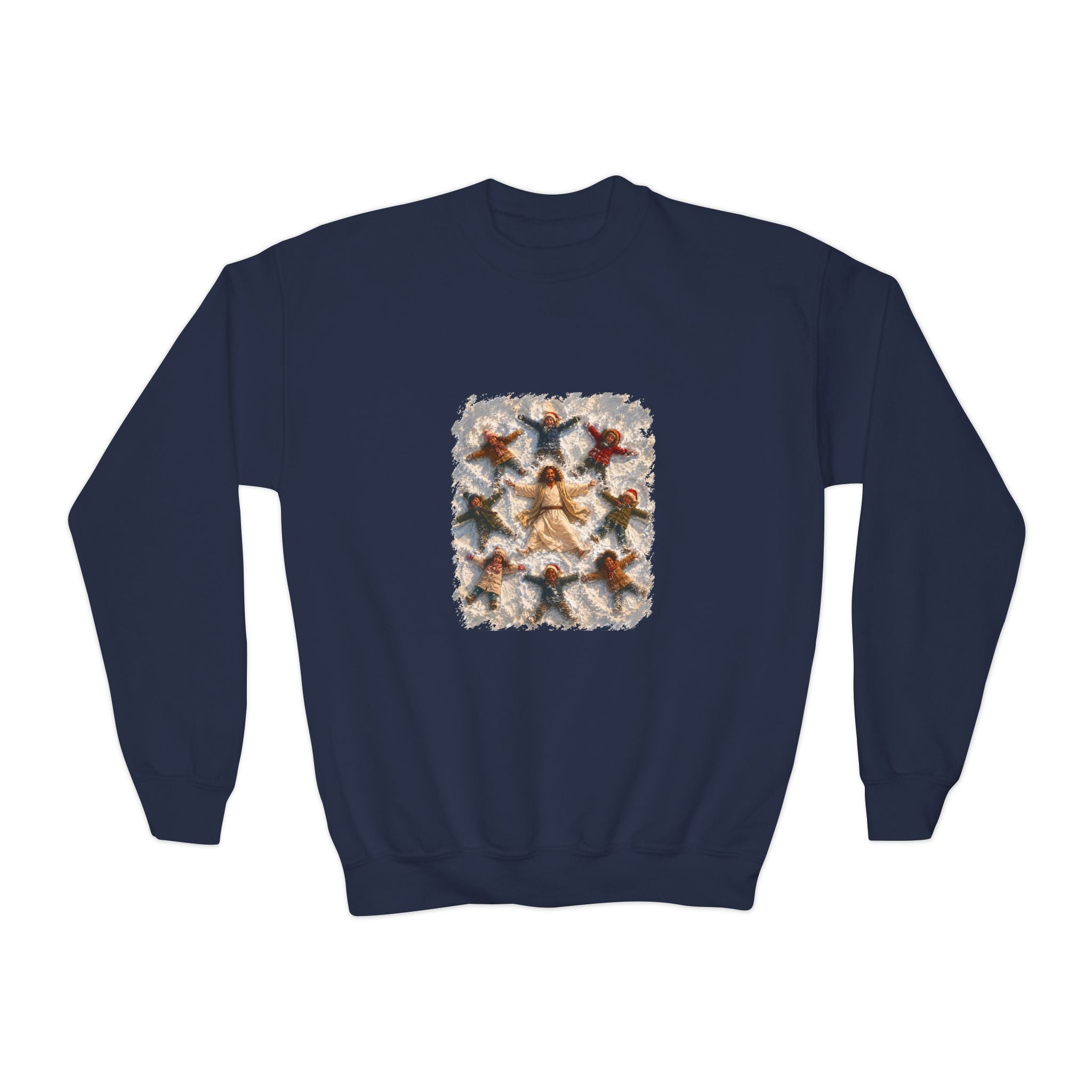 Kids Christmas Jesus Sweatshirt | Snow Angels with Jesus Christian Christmas Kids Crewneck Sweatshirt | Joyful Jesus