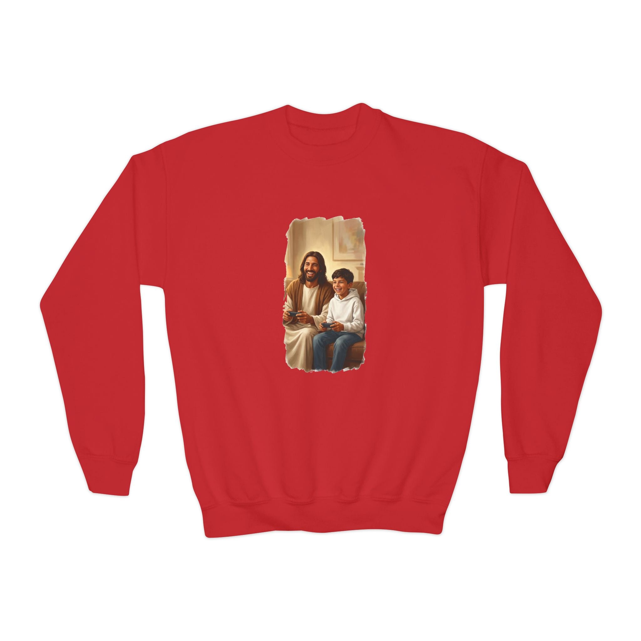 Kids Christian Sweatshirt | Jesus Playing Video Games Funny Jesus Kids Crewneck Sweatshirt | Joyful Jesus