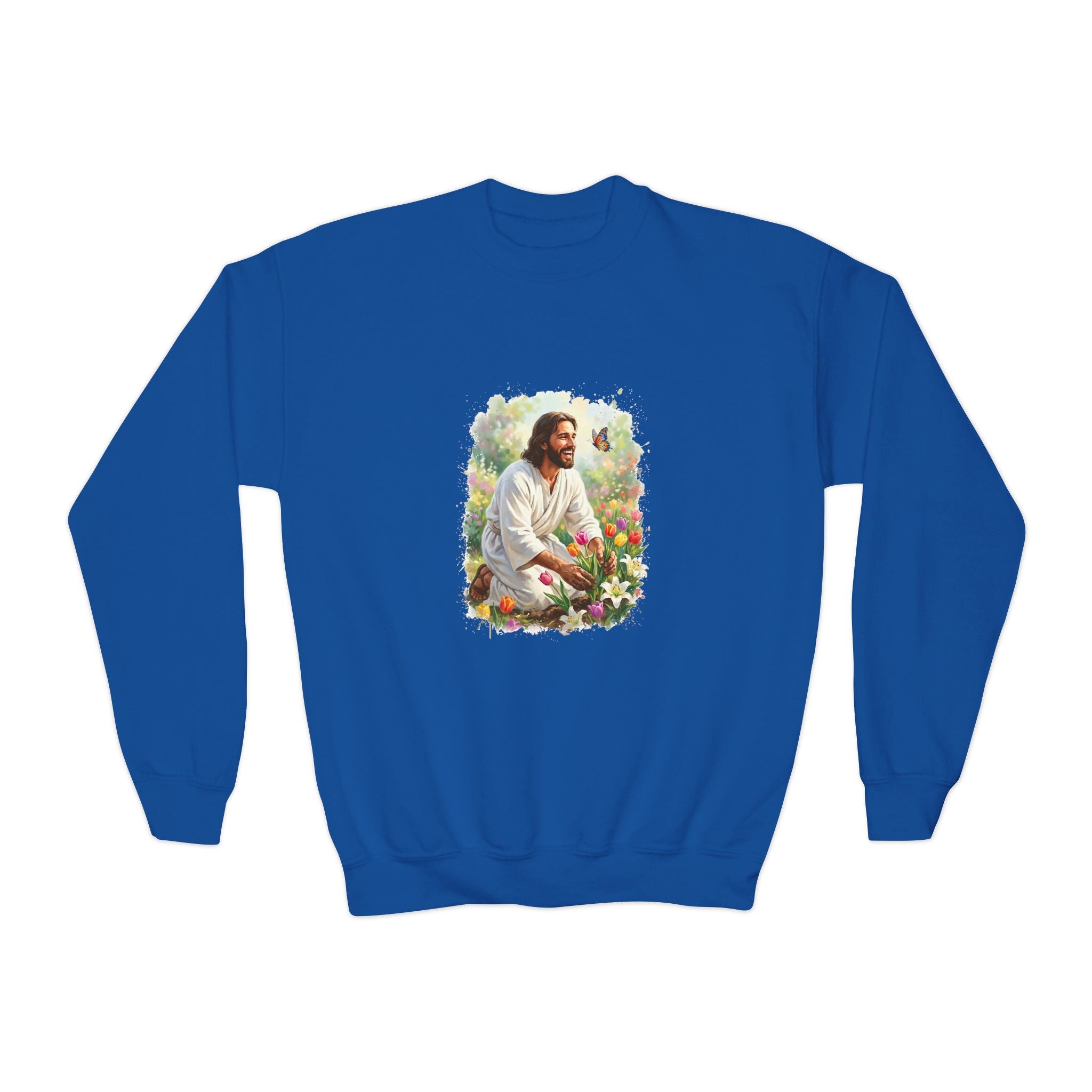 Kids Religious Sweatshirt | Jesus in the Garden Christian Kids Crewneck Sweatshirt | Joyful Jesus