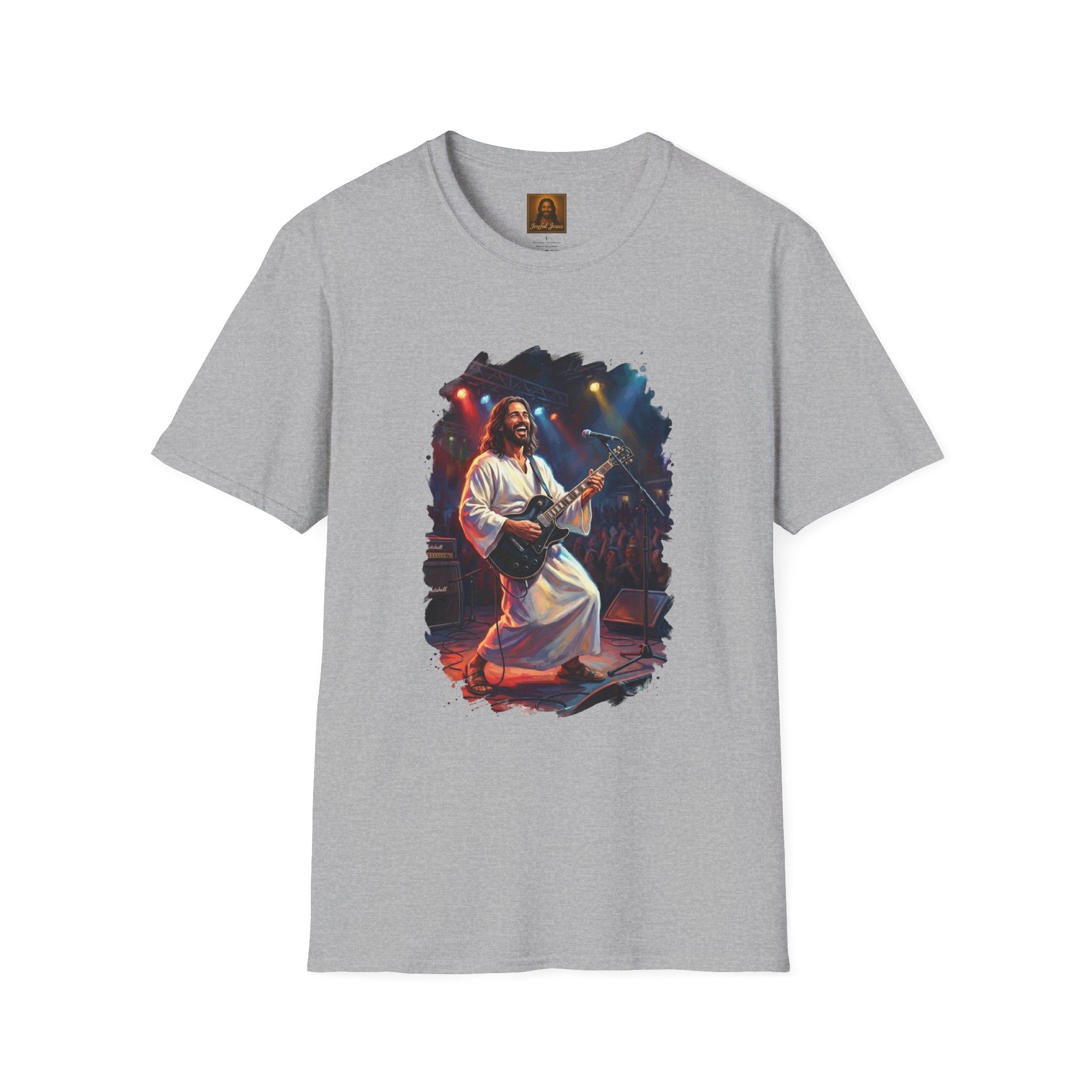 Christian T Shirt | Jesus Playing Guitar at Concert | Joyful Jesus Faith Shirt