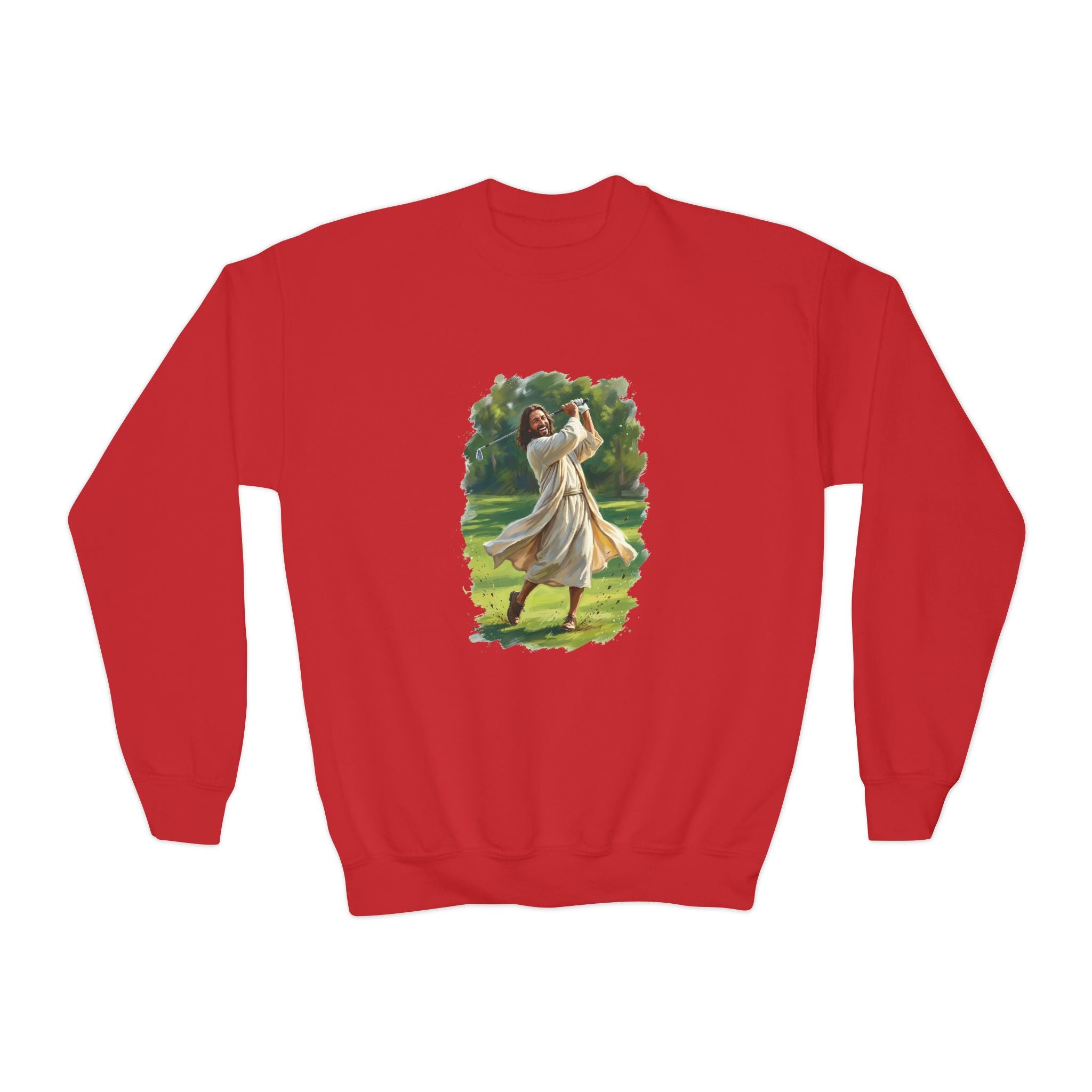 Kids God Sweatshirt | Jesus Playing Golf Christian Kids Crewneck Sweatshirt | Faith Apparel