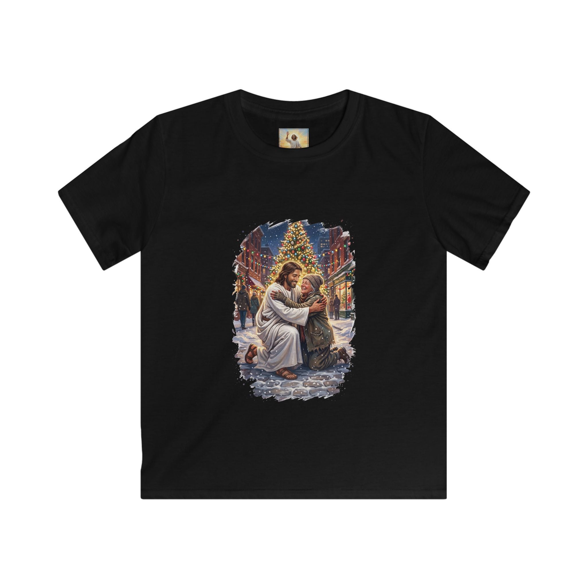 Kids Jesus Hug Shirt | Jesus Embracing a Stranger on Christmas Night Christian Kids T Shirt | Joyful Jesus