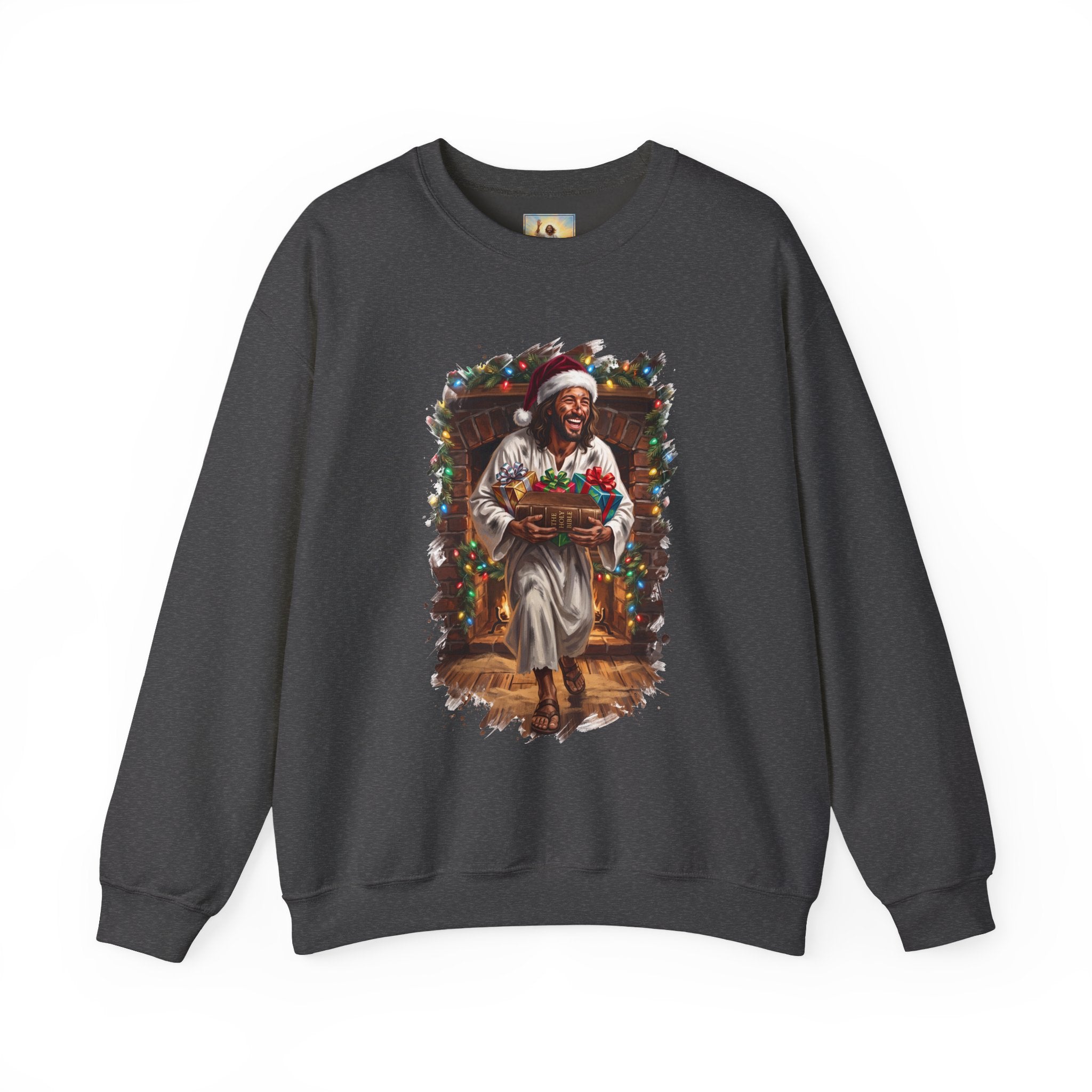 Jesus Santa Hat Sweatshirt | Jesus Down the Chimney with Gifts Funny Christmas Crewneck | Joyful Jesus