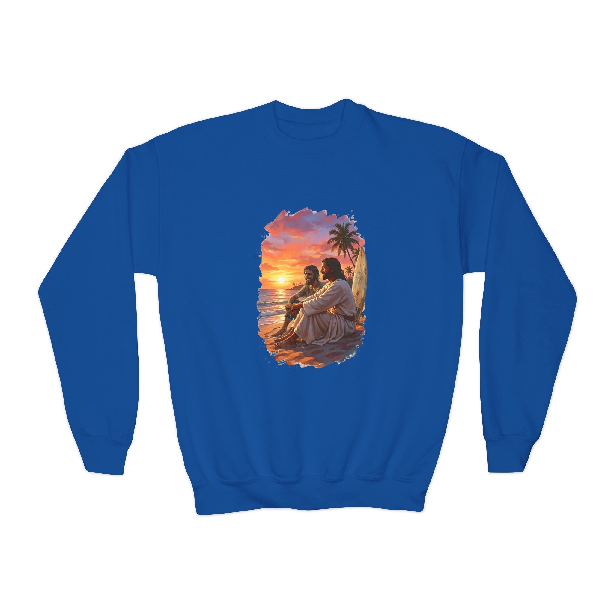 Kids Jesus Sweatshirt | Jesus on the Beach Christian Apparel Kids Crewneck Sweatshirt | Joyful Jesus Faith Sweatshirt