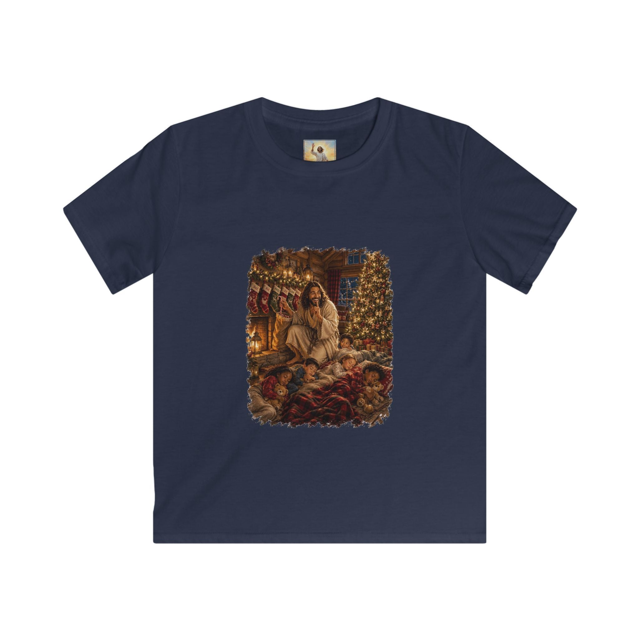 Kids Christmas Eve Jesus Shirt | Jesus by the Fire with Sleeping Children Christian Kids T Shirt | Joyful Jesus