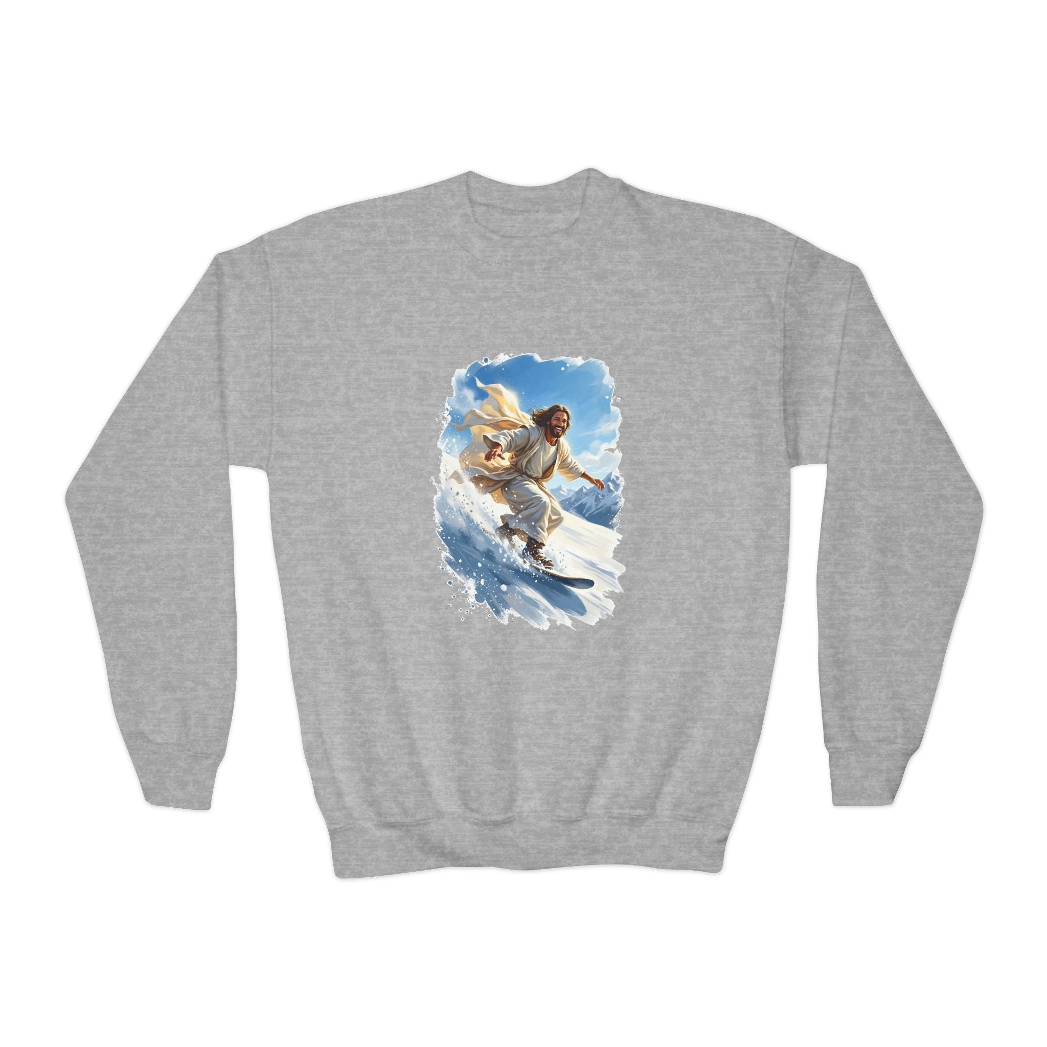 Kids God Sweatshirt | Jesus Snowboarding Christian Kids Crewneck Sweatshirt | Joyful Jesus Faith Apparel