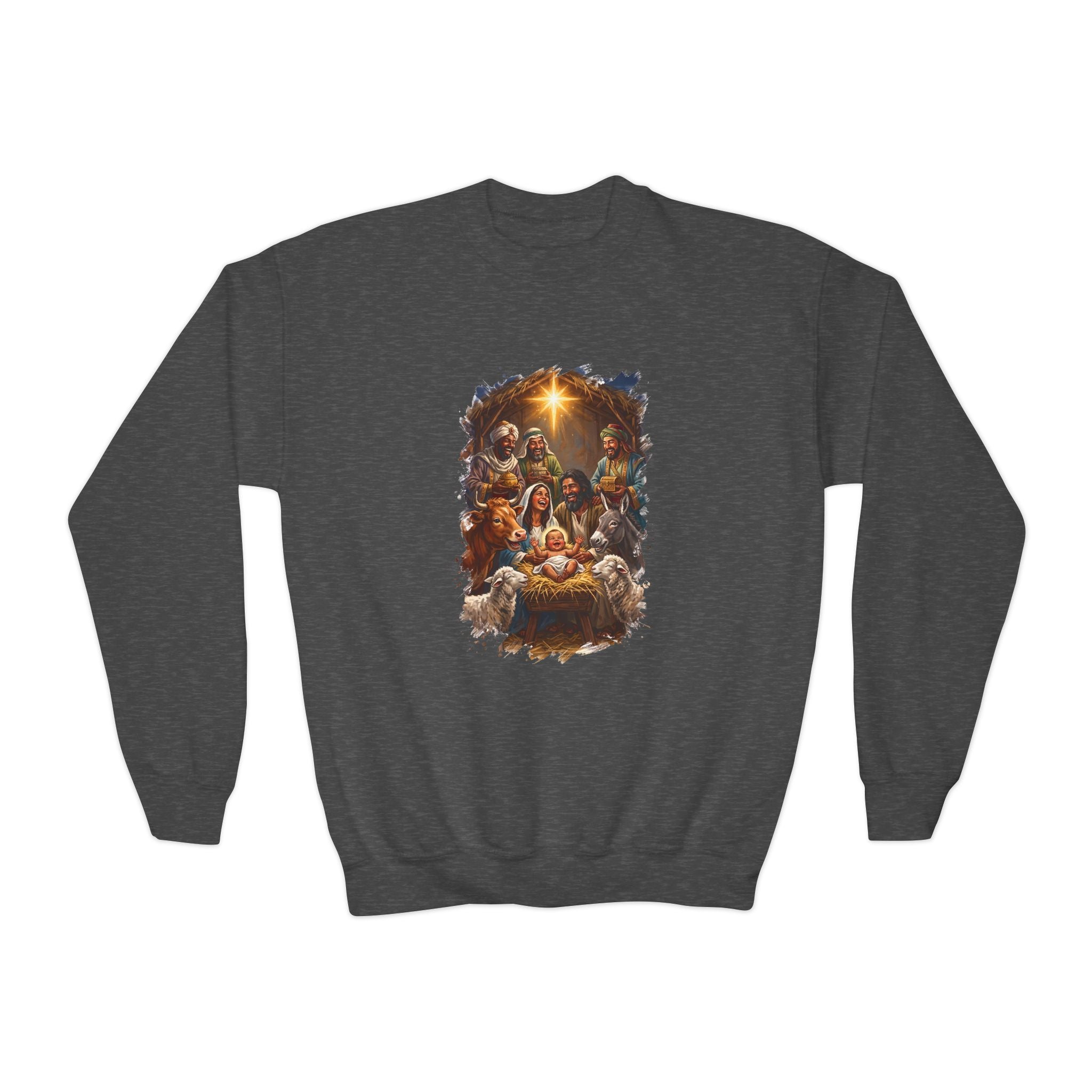 Kids Nativity Sweatshirt | Joyful Nativity Scene with Wise Men Christian Christmas Kids Crewneck Sweatshirt | Joyful Jesus