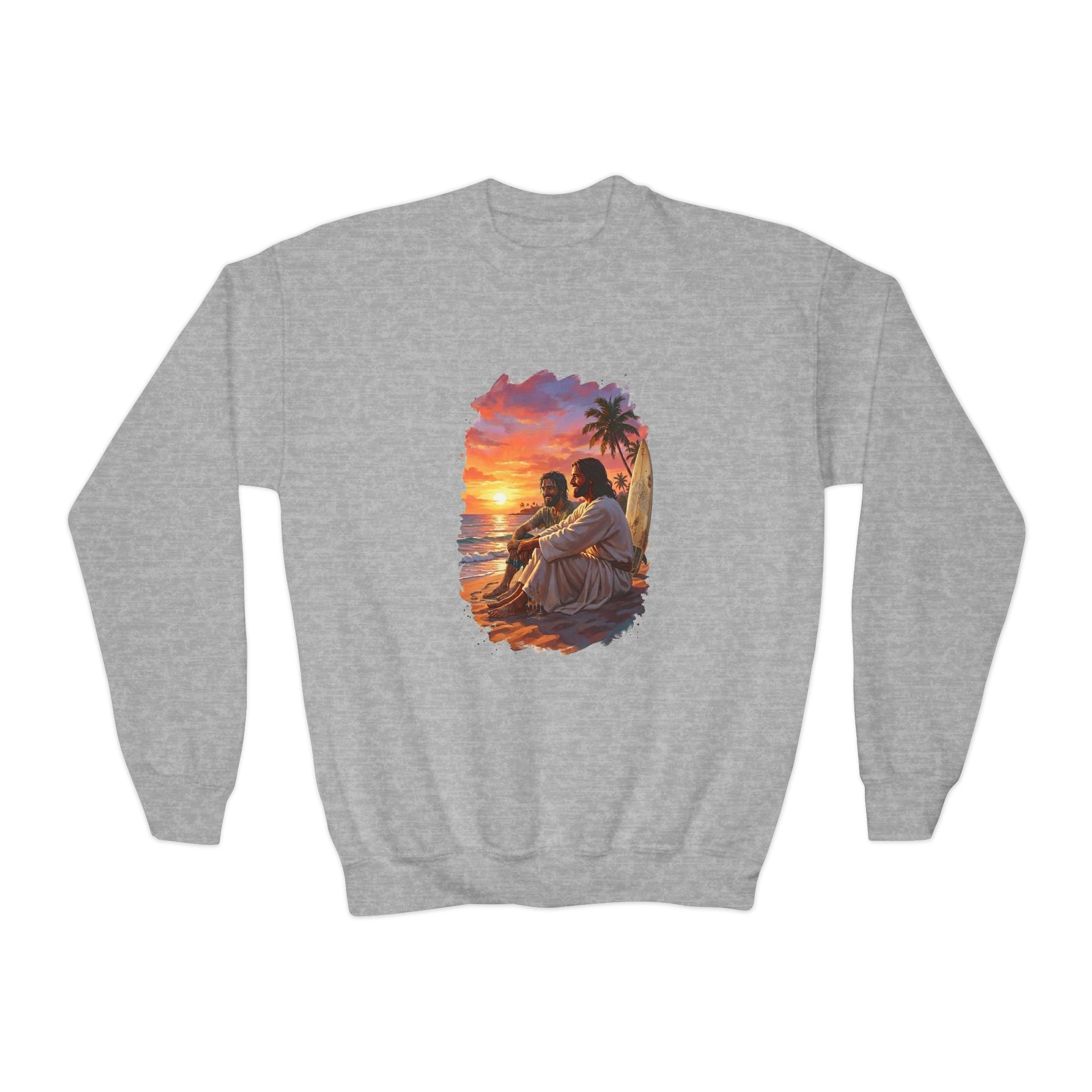 Kids Jesus Sweatshirt | Jesus on the Beach Christian Apparel Kids Crewneck Sweatshirt | Joyful Jesus Faith Sweatshirt