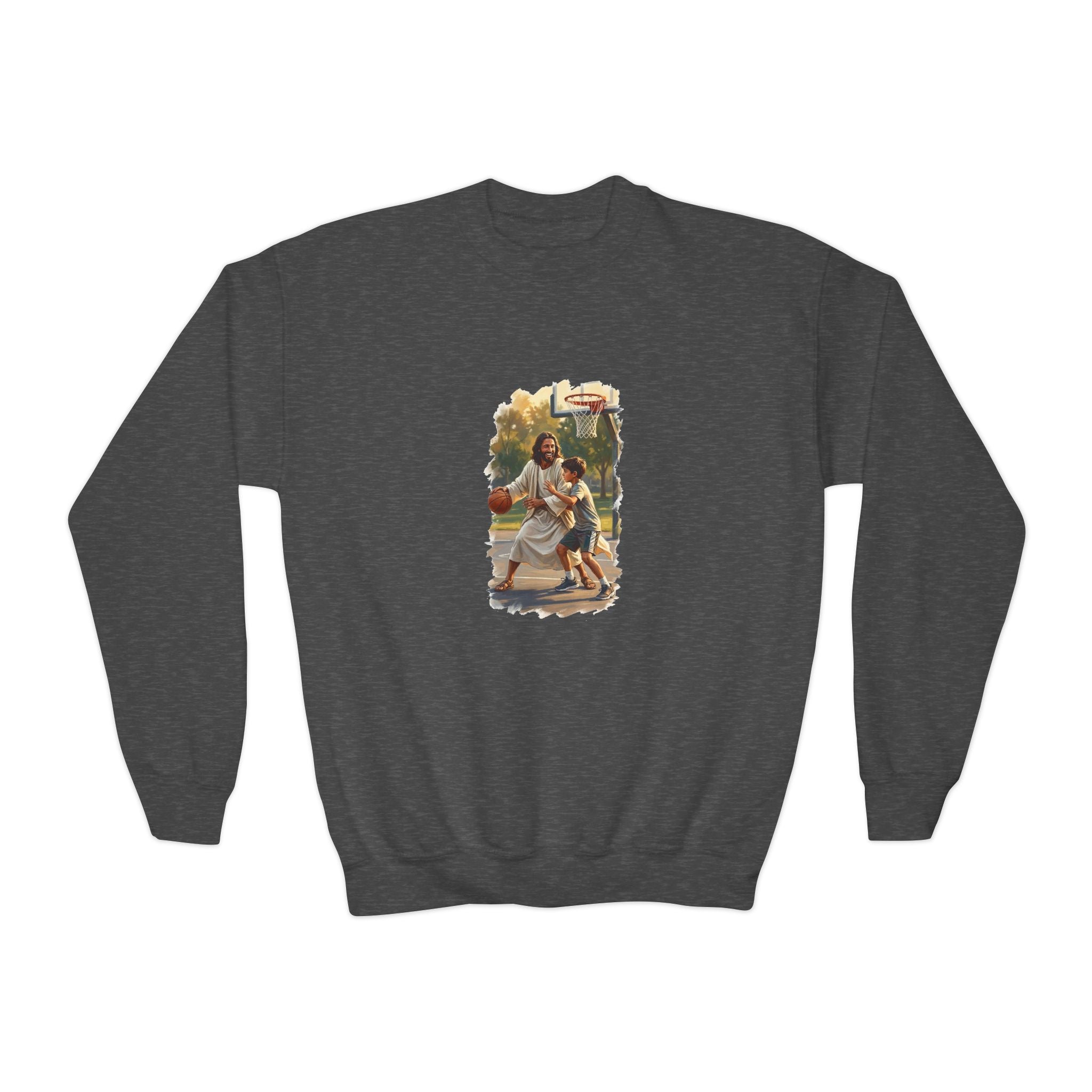 Kids Funny Jesus Sweatshirt | Jesus Playing Basketball Christian Kids Crewneck Sweatshirt | Joyful Jesus