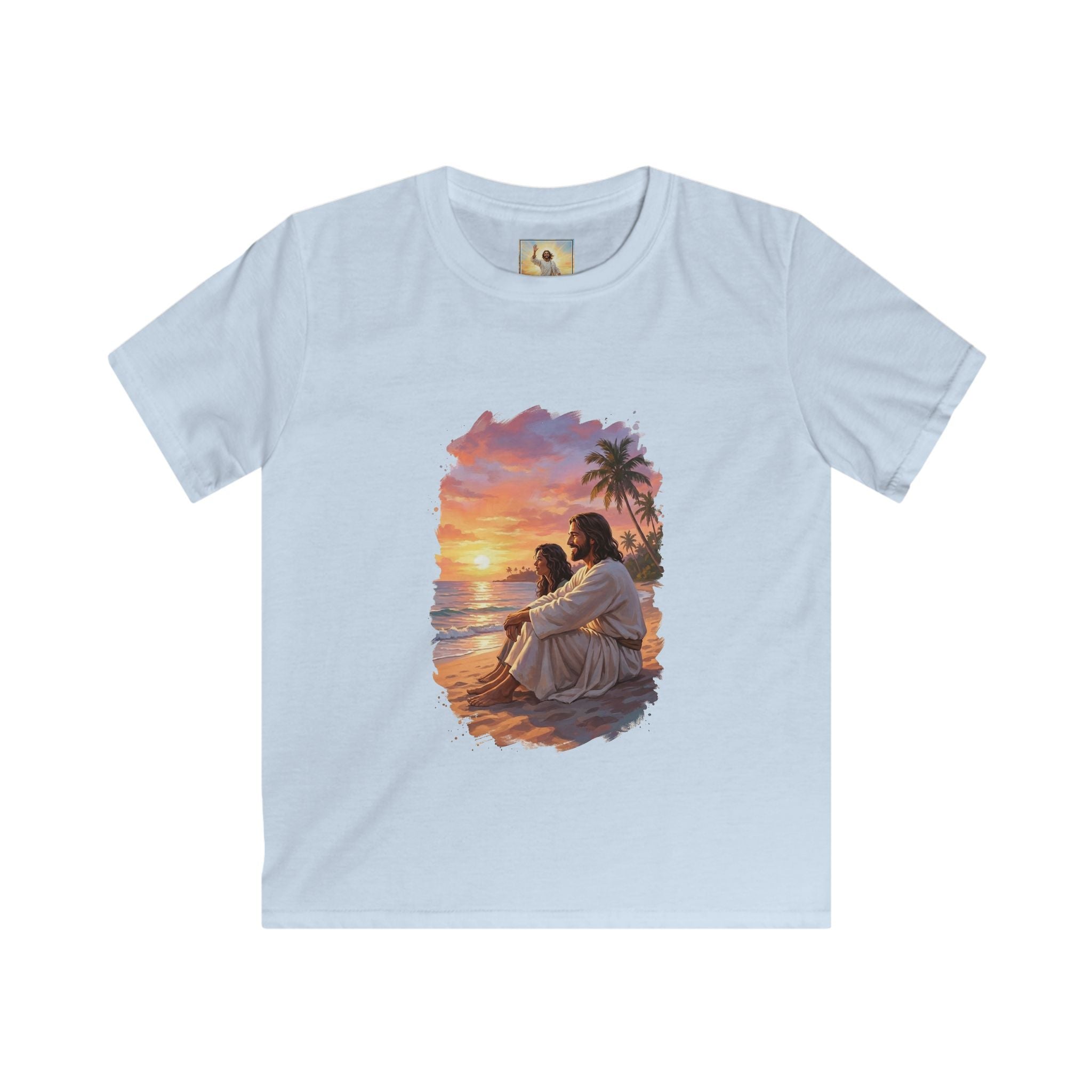 Kids Religious Shirt | Jesus on the Beach at Sunset Christian Kids T Shirt | Joyful Jesus