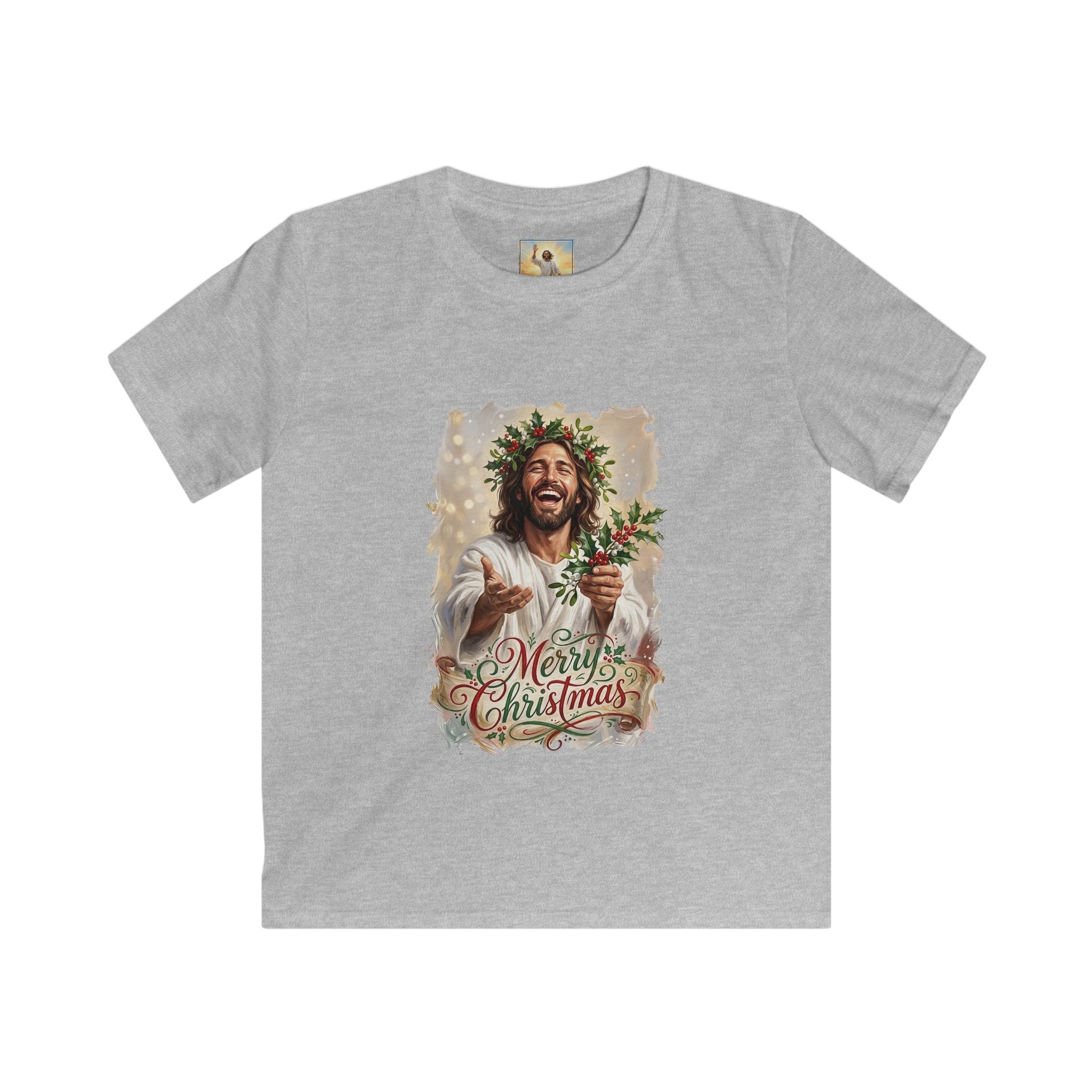 Kids Merry Christmas Jesus Shirt | Laughing Jesus with Holly Christian Christmas Kids T Shirt | Joyful Jesus