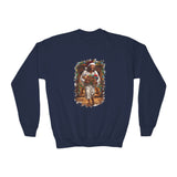 Kids Jesus Santa Hat Sweatshirt | Jesus Down the Chimney with Gifts Funny Christmas Kids Crewneck Sweatshirt | Joyful Jesus
