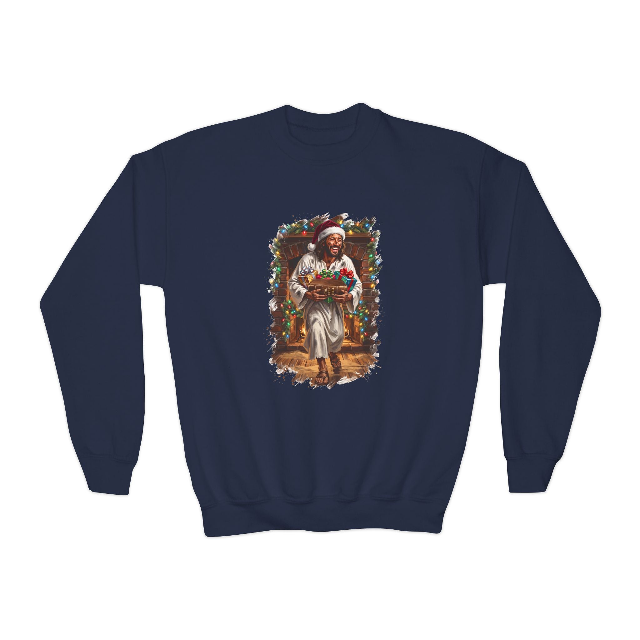 Kids Jesus Santa Hat Sweatshirt | Jesus Down the Chimney with Gifts Funny Christmas Kids Crewneck Sweatshirt | Joyful Jesus