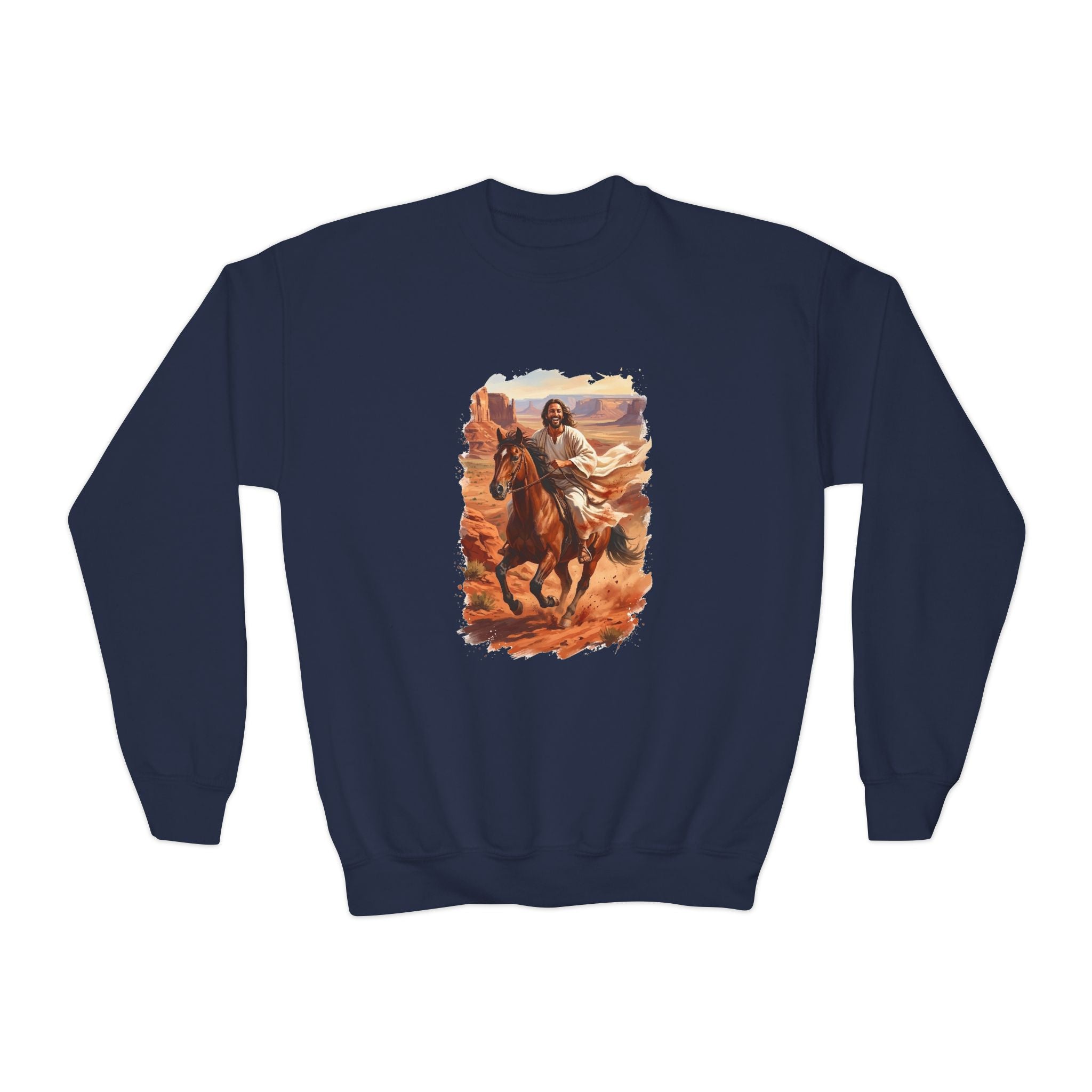 Kids Jesus Sweatshirt | Jesus on Horseback Christian Apparel Kids Crewneck Sweatshirt | Joyful Jesus