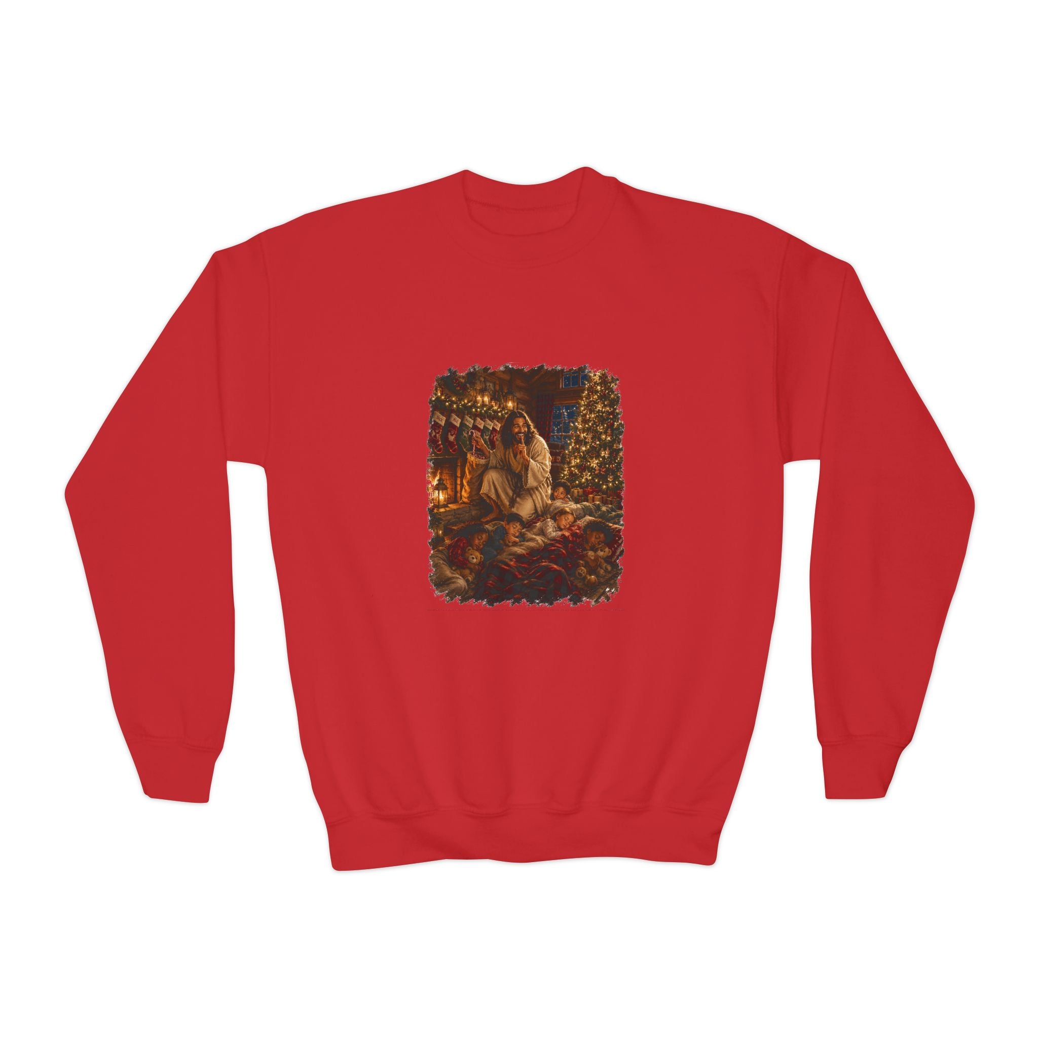 Kids Christmas Eve Jesus Sweatshirt | Jesus by the Fire with Sleeping Children Christian Kids Crewneck Sweatshirt | Joyful Jesus