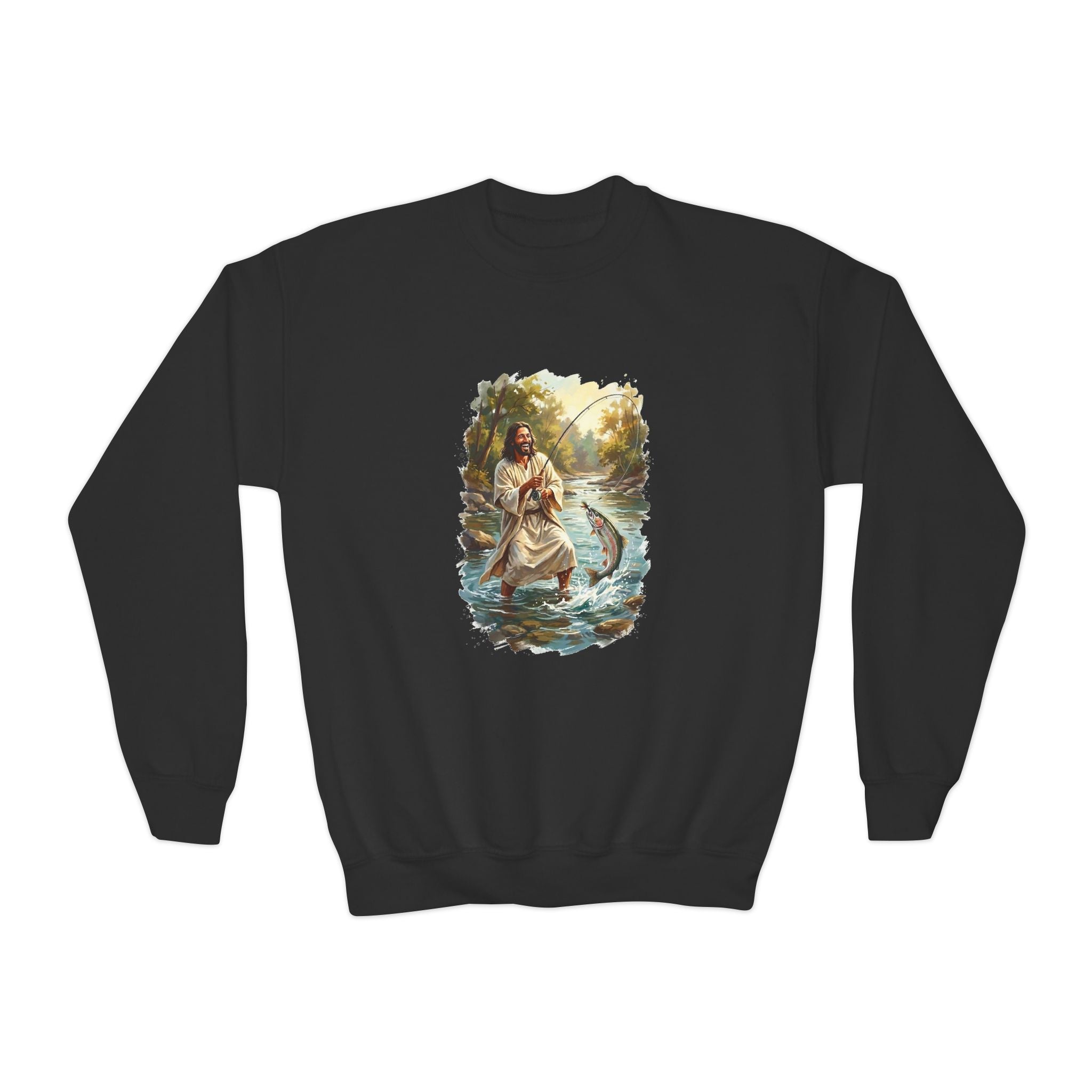 Kids Jesus Sweatshirt | Fly Fishing Jesus Christian Kids Crewneck Sweatshirt | Joyful Jesus God Sweatshirt