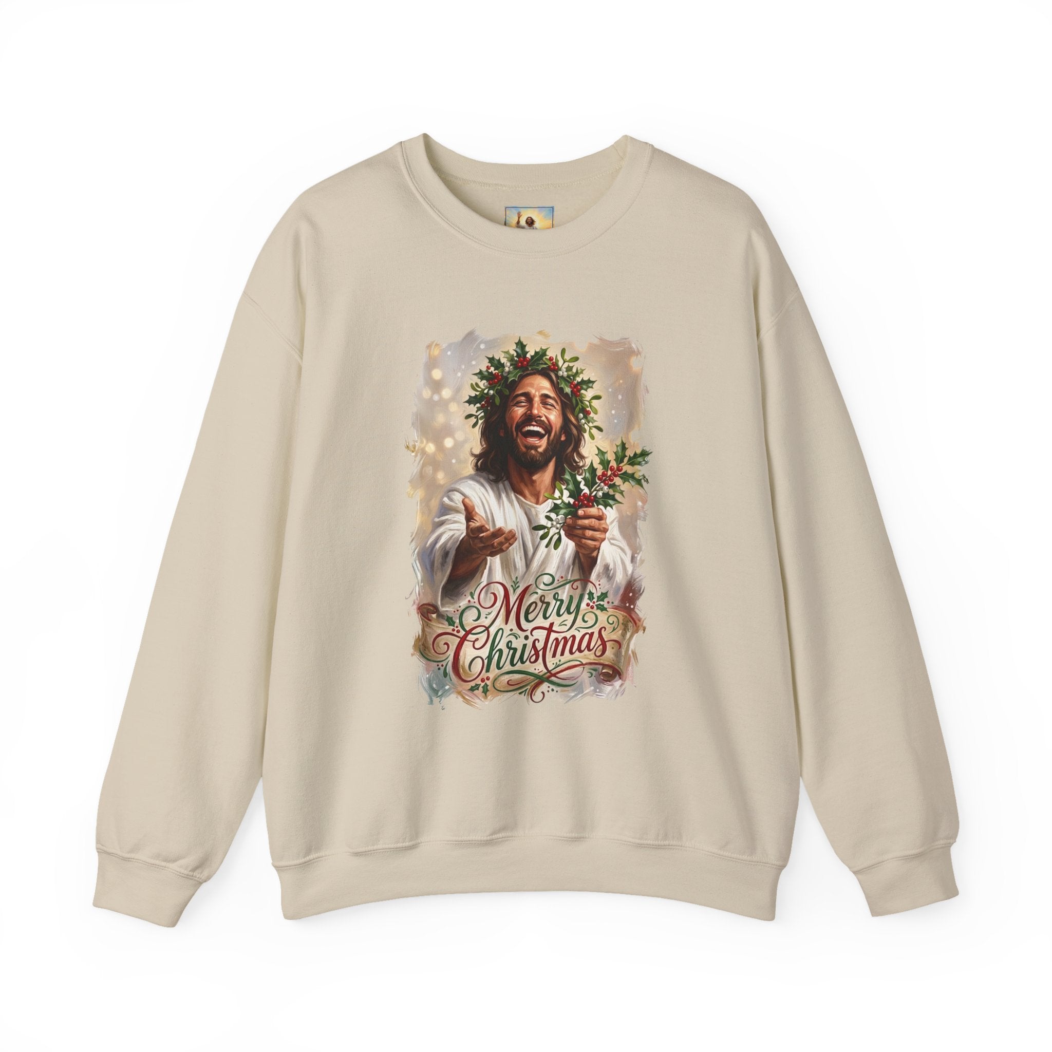 Merry Christmas Jesus Sweatshirt | Laughing Jesus with Holly Christian Crewneck | Joyful Jesus
