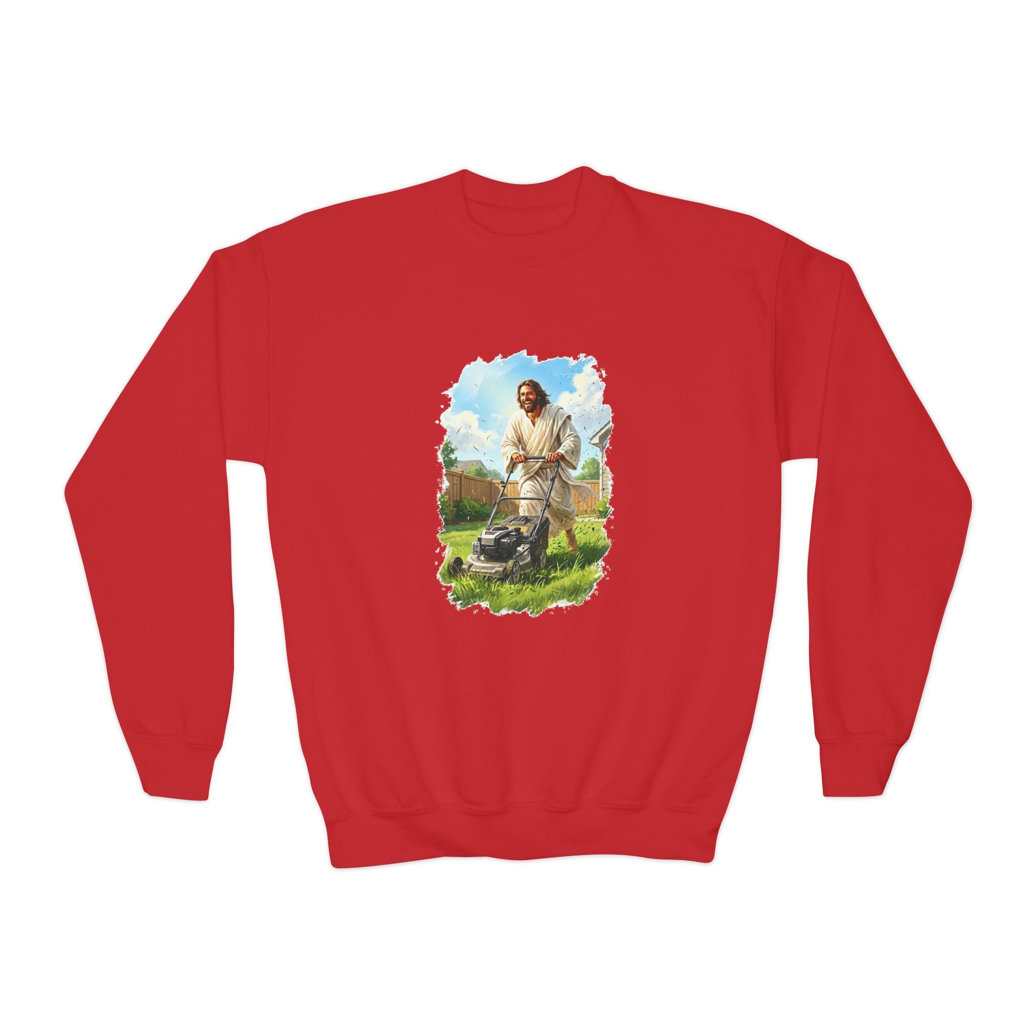 Kids Jesus Sweatshirt | Jesus Mowing the Lawn Funny Kids Crewneck Sweatshirt | Joyful Jesus