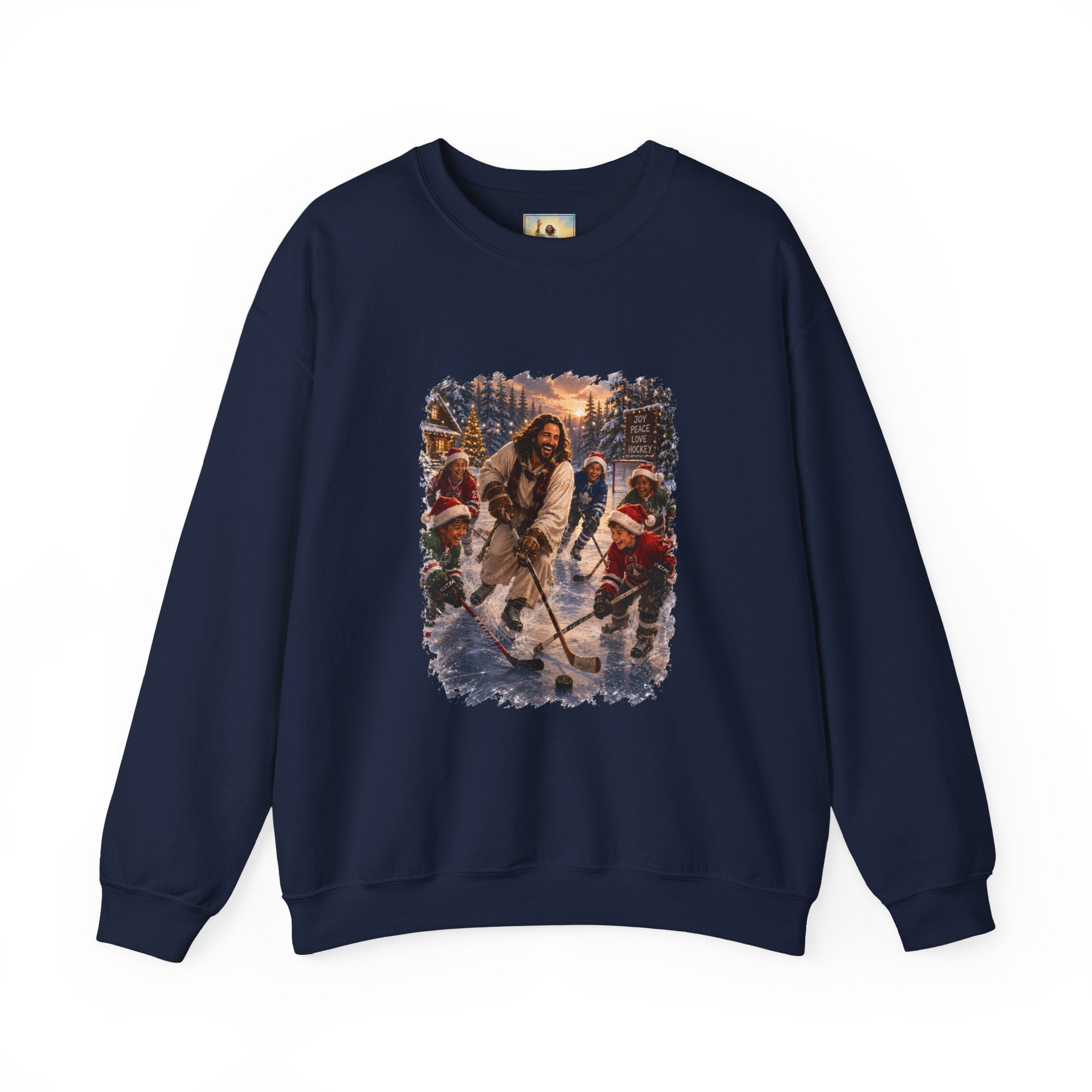 Jesus Hockey Sweatshirt | Jesus Playing Hockey with Kids Christian Christmas Crewneck | Joyful Jesus