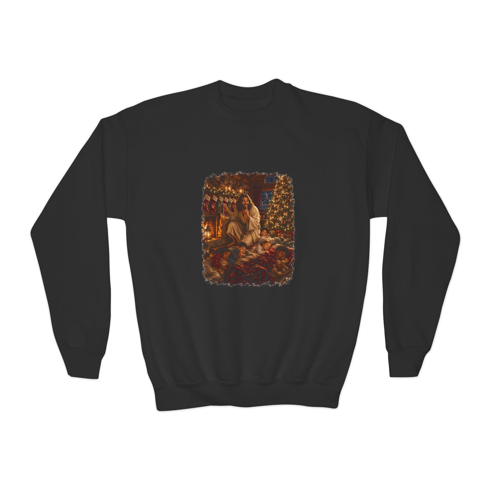 Kids Christmas Eve Jesus Sweatshirt | Jesus by the Fire with Sleeping Children Christian Kids Crewneck Sweatshirt | Joyful Jesus